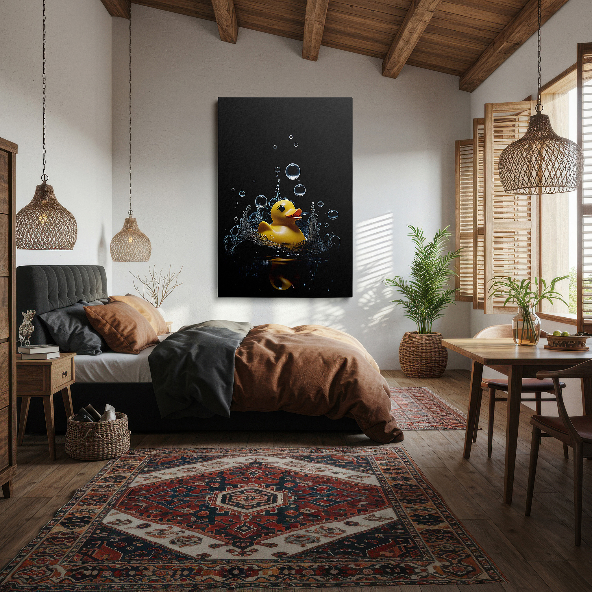 The 75×50 cm version anchors medium rooms without dominating them — rubber duck wall art: whimsical shadows and childhood nostalgia - large canvas decor for home and office