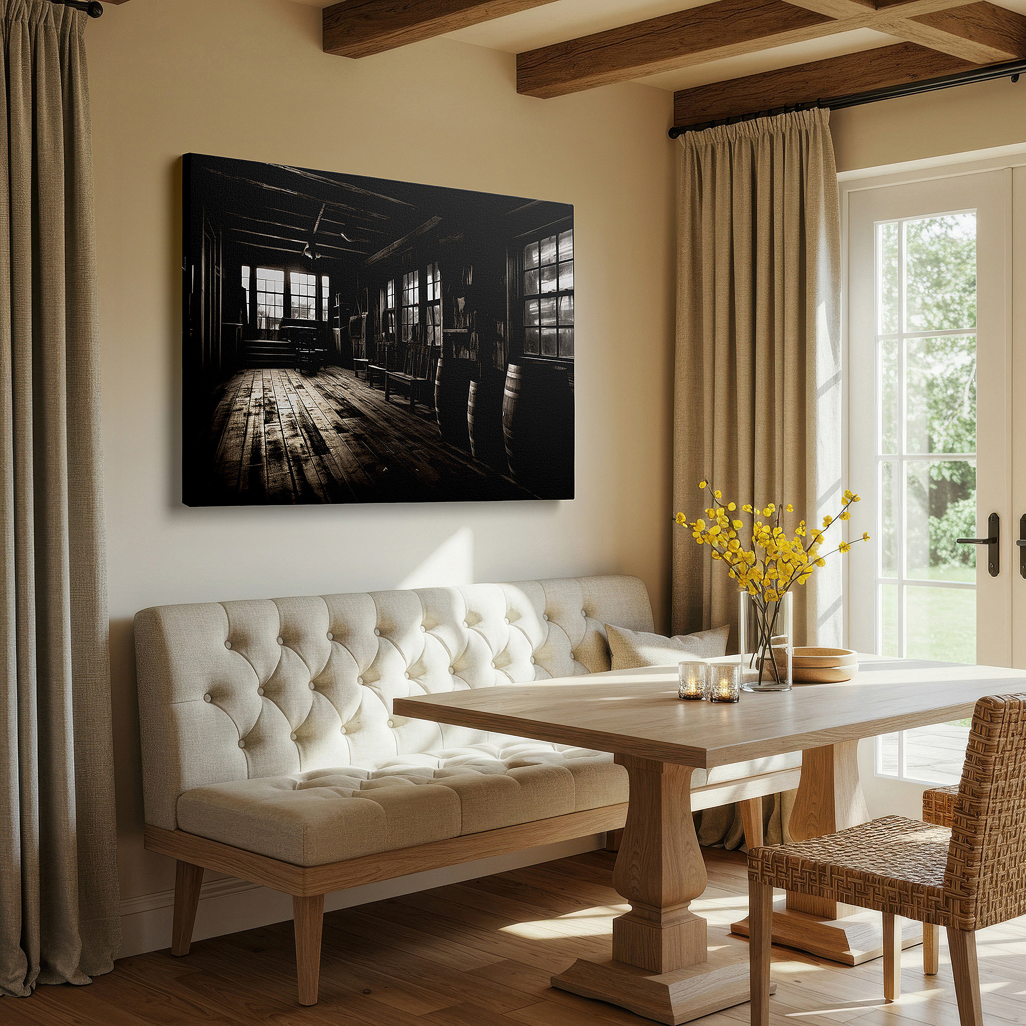 The 75×50 cm version anchors medium rooms without dominating them — rustic wooden beams in moody black and white - large canvas wall art for office, bedroom, and living room decor