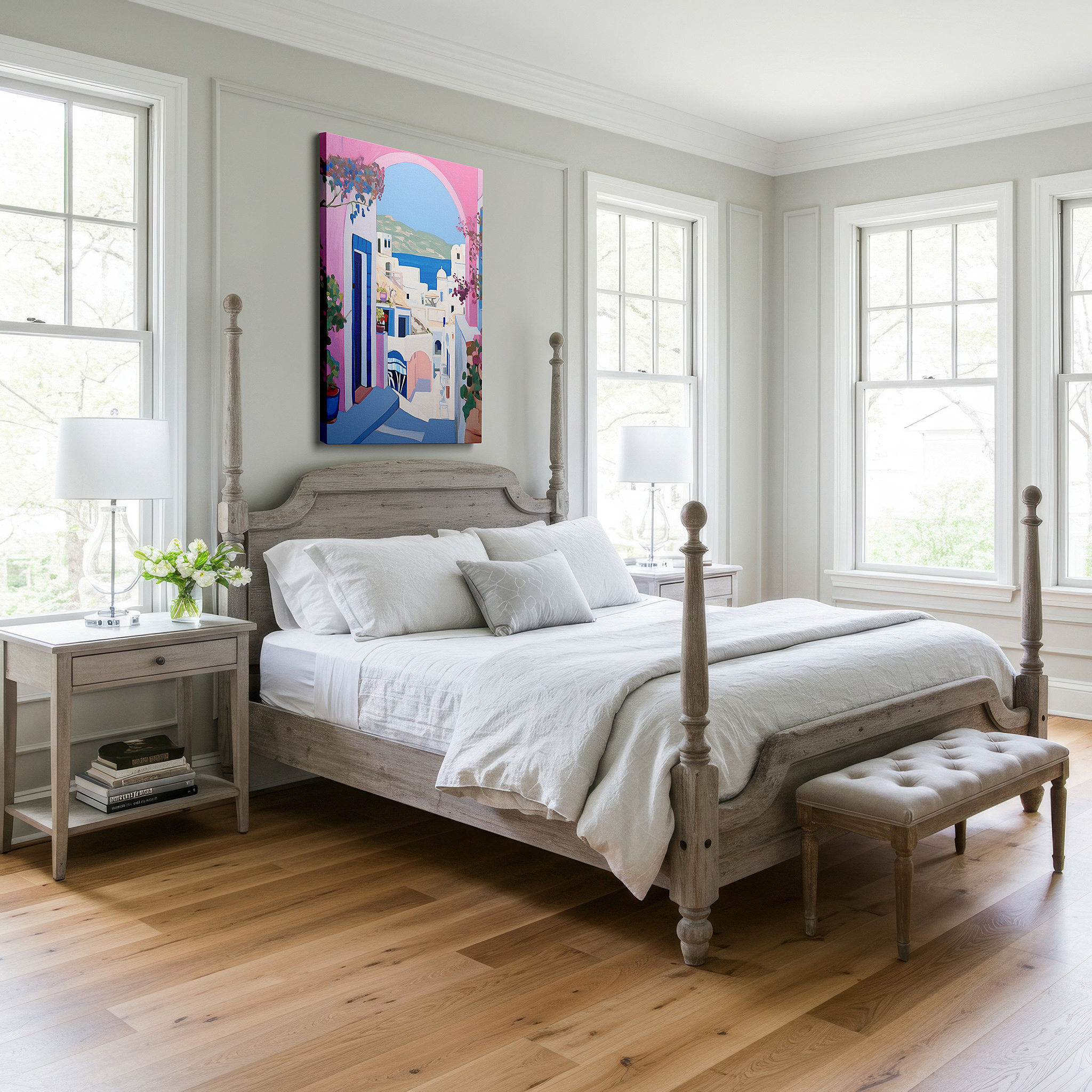 The 75×50 cm version anchors medium rooms without dominating them — santorini idyll - white-washed beauty and blue-domed grandeur with colorful bougainvillea large wall art, canvas wall art, wall decor, office wall art