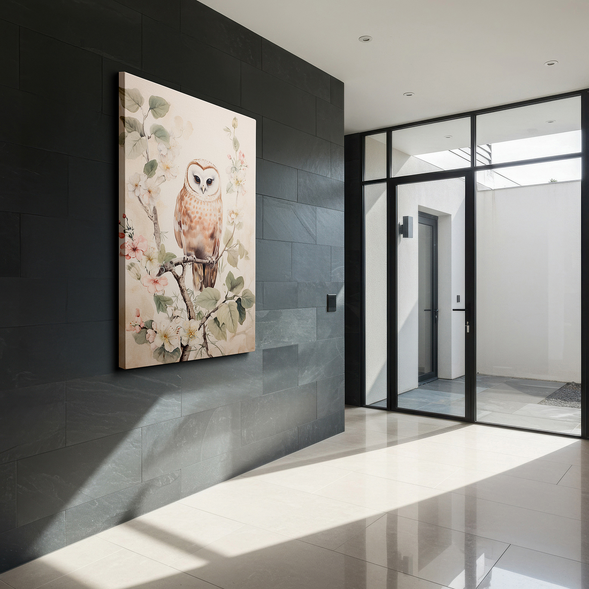 The 75×50 cm version anchors medium rooms without dominating them — serene barn owl on blossoming branch: experience nature's splendor with large canvas wall art decor