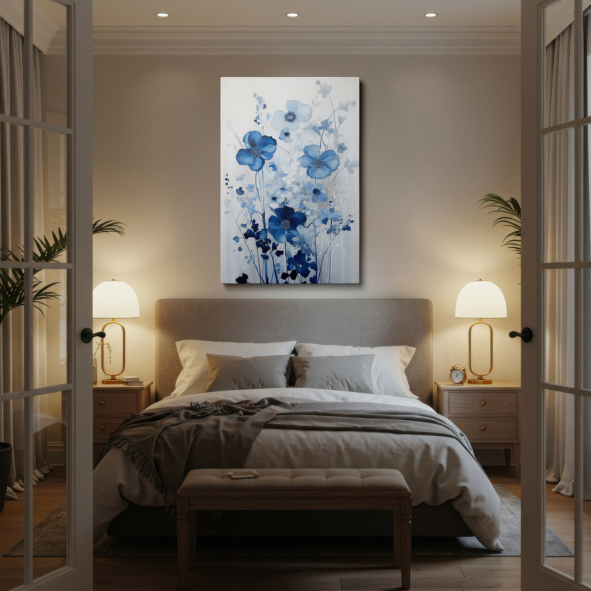 The 75×50 cm version anchors medium rooms without dominating them — serene blue floral elegance: large canvas wall art featuring nature's subtle beauty for office, bedroom, and living room decor