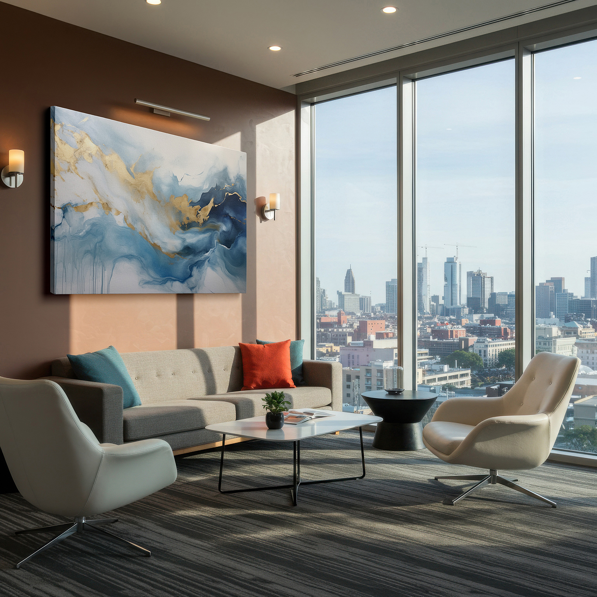 The 75×50 cm version anchors medium rooms without dominating them — serene blues and golden waves: a tranquil fluid art masterpiece for contemporary spaces - large wall art, canvas wall art, wall decor