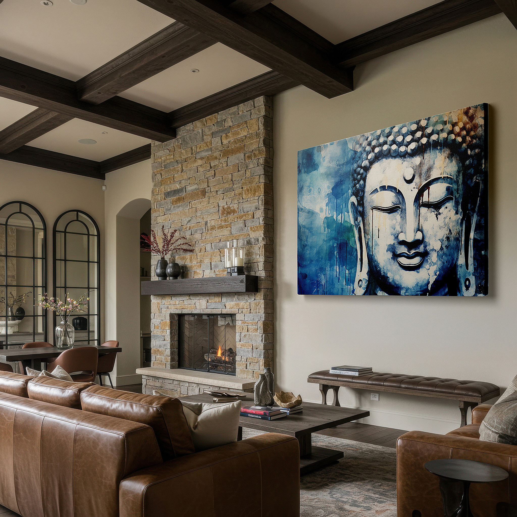 The 75×50 cm version anchors medium rooms without dominating them — serene buddha portrait in calming blue: a tranquil and mystical display of spiritual depth - large canvas wall art for home and office decor