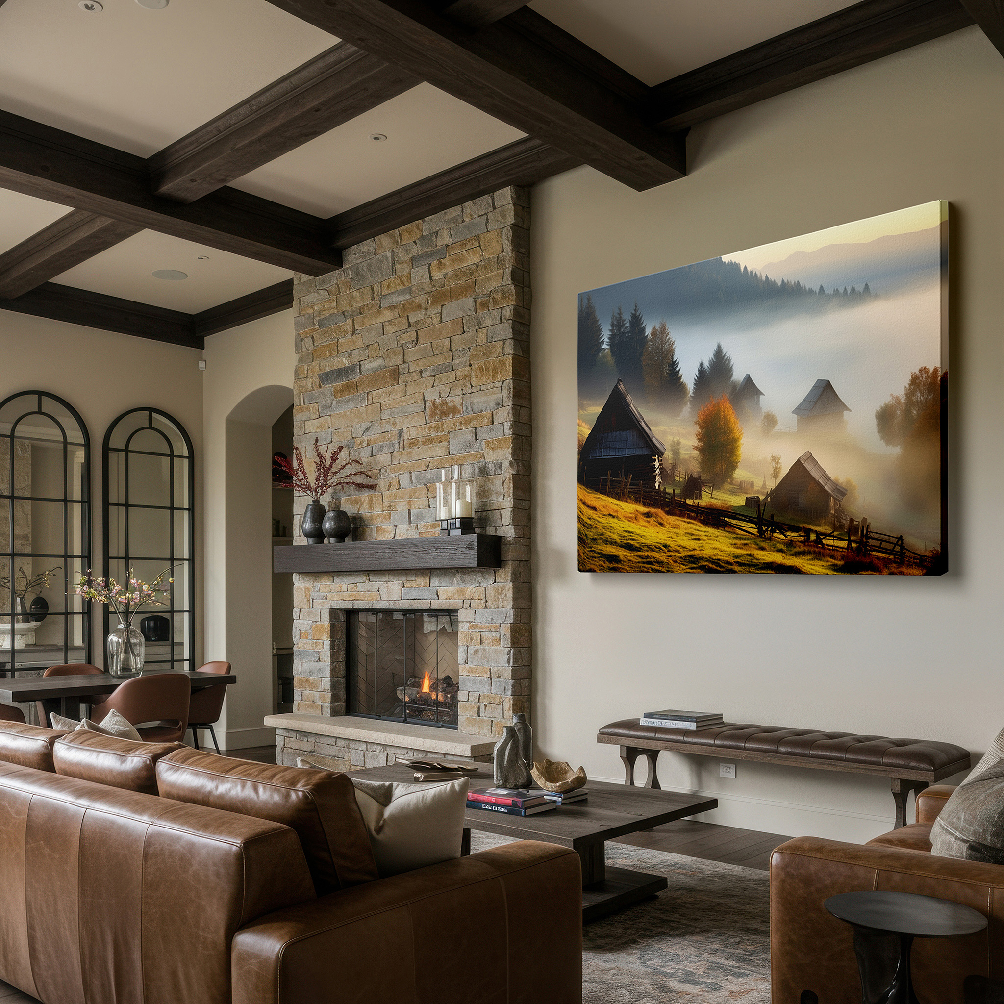 The 75×50 cm version anchors medium rooms without dominating them — serene countryside scene with foggy autumn village large wall art, canvas wall art, wall decor for office, bedroom, and living room