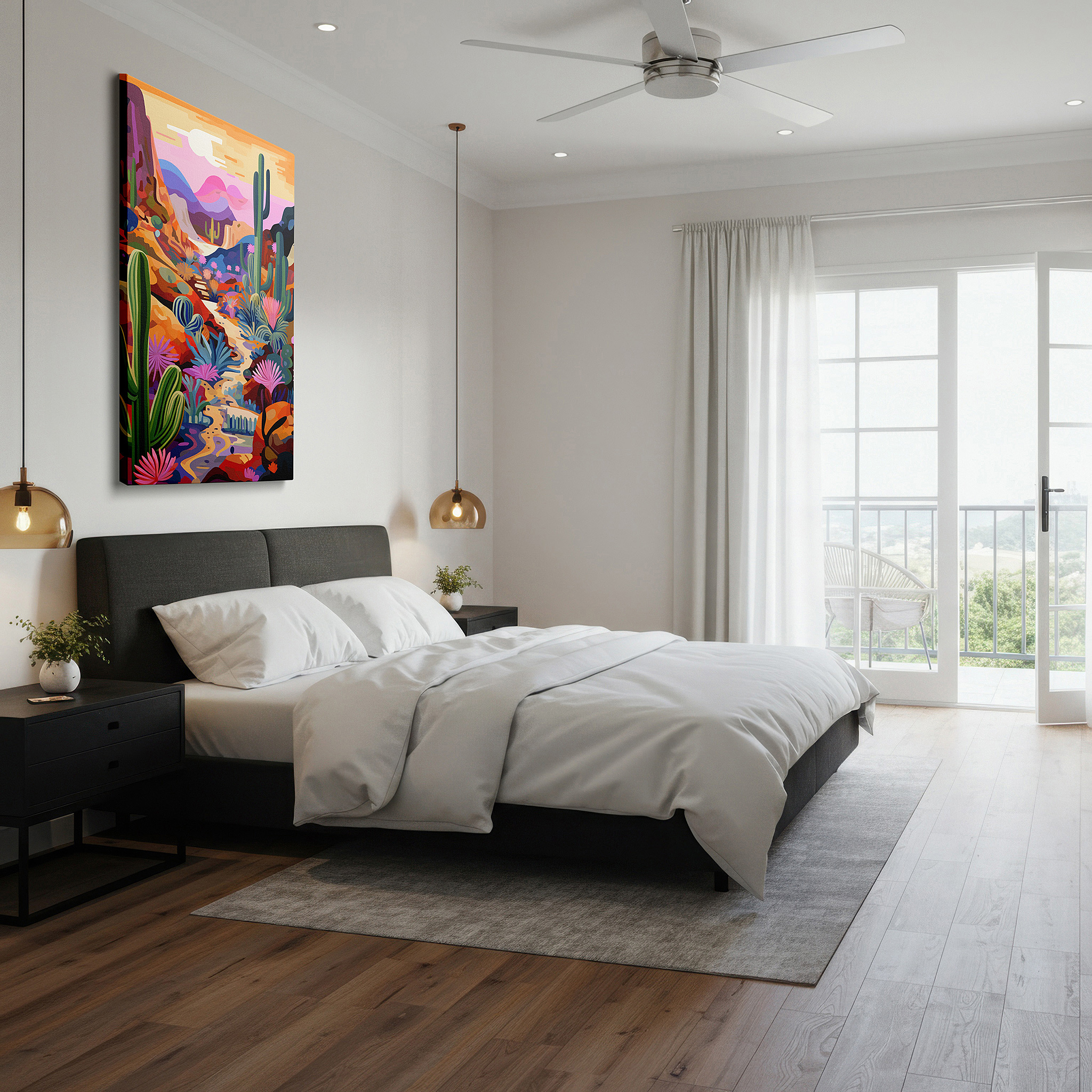 The 75×50 cm version anchors medium rooms without dominating them — serene desert sunset featuring majestic cacti and vibrant flora - large canvas wall art for office, bedroom, and living room decor