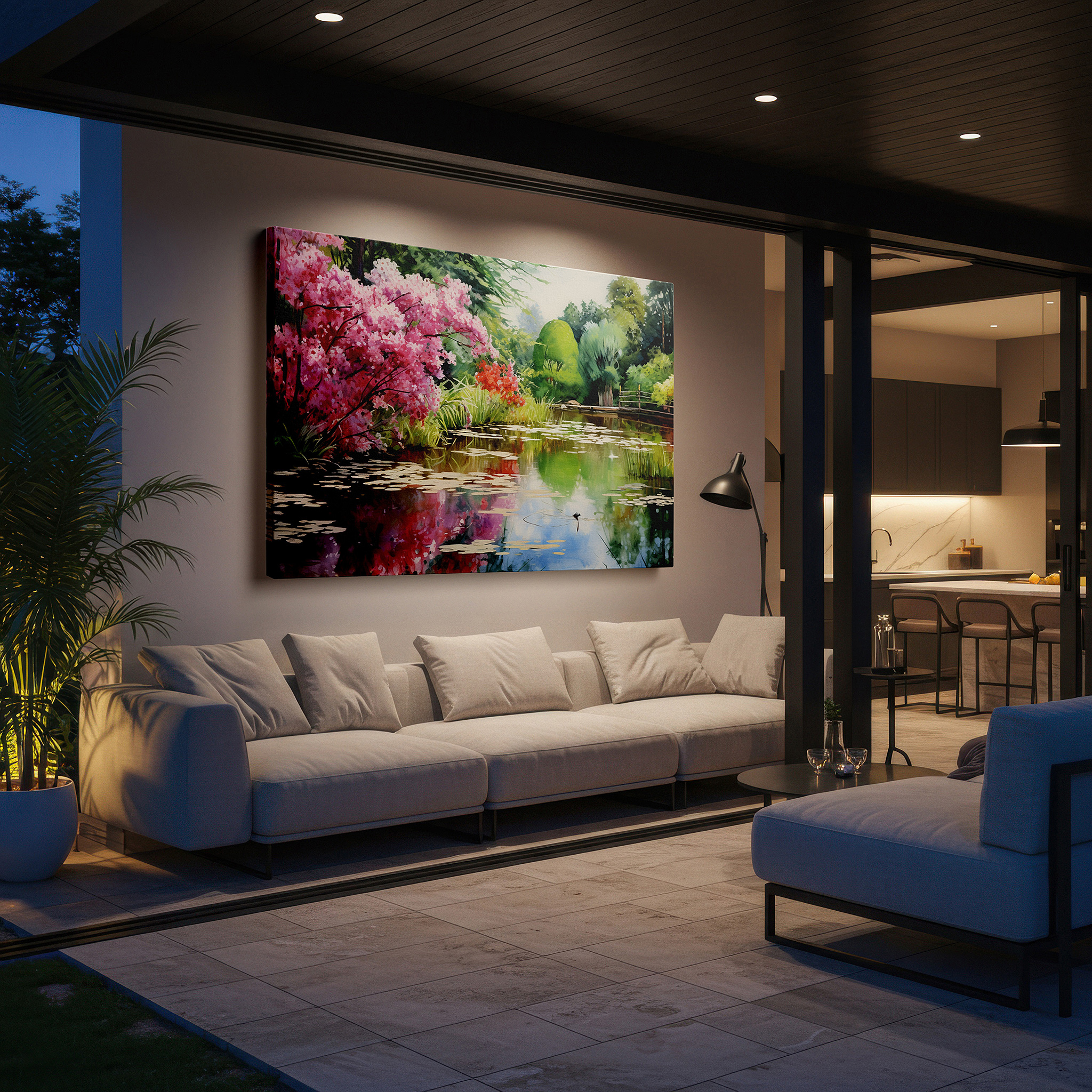 The 75×50 cm version anchors medium rooms without dominating them — serene garden pond canvas wall art featuring lush greenery and bright pink flowers, ideal for office or bedroom decor