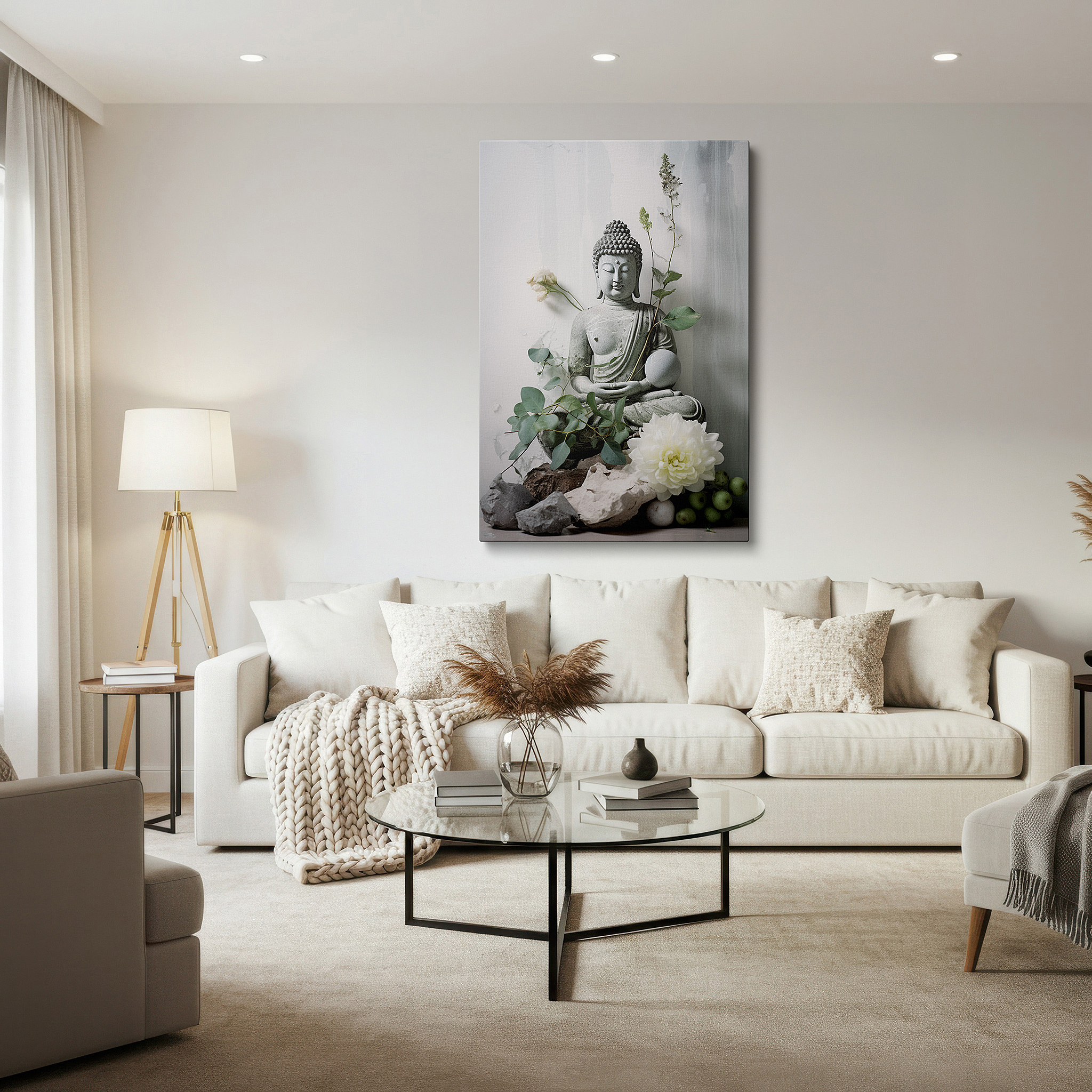 The 75×50 cm version anchors medium rooms without dominating them — serene green buddha wall art with vibrant florals - large canvas for tranquil spiritual journey - ideal for office and bedroom decor