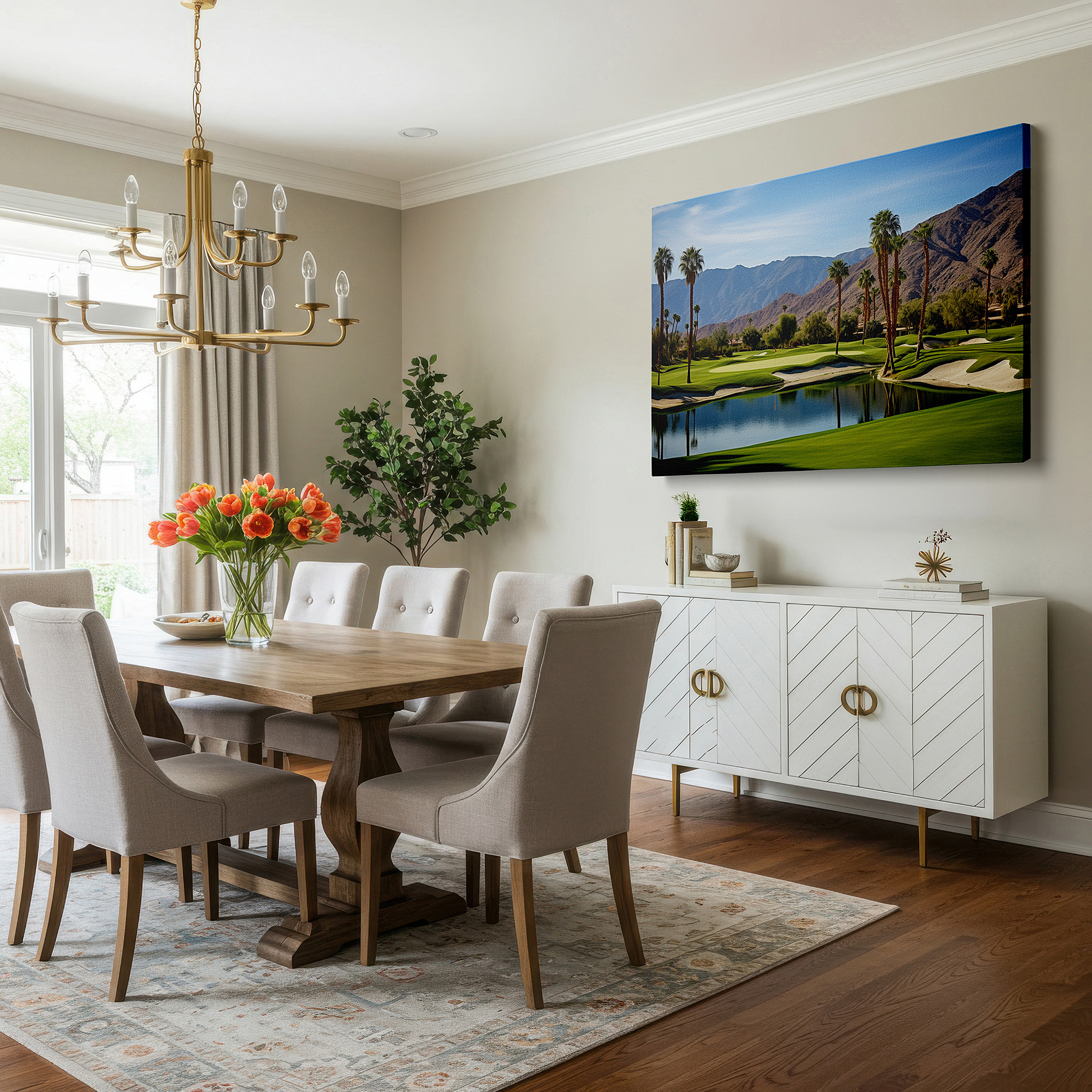 The 75×50 cm version anchors medium rooms without dominating them — serene greens and active sports merge in a vibrant golf course oasis: large wall art, canvas wall art, wall decor for office and bedroom