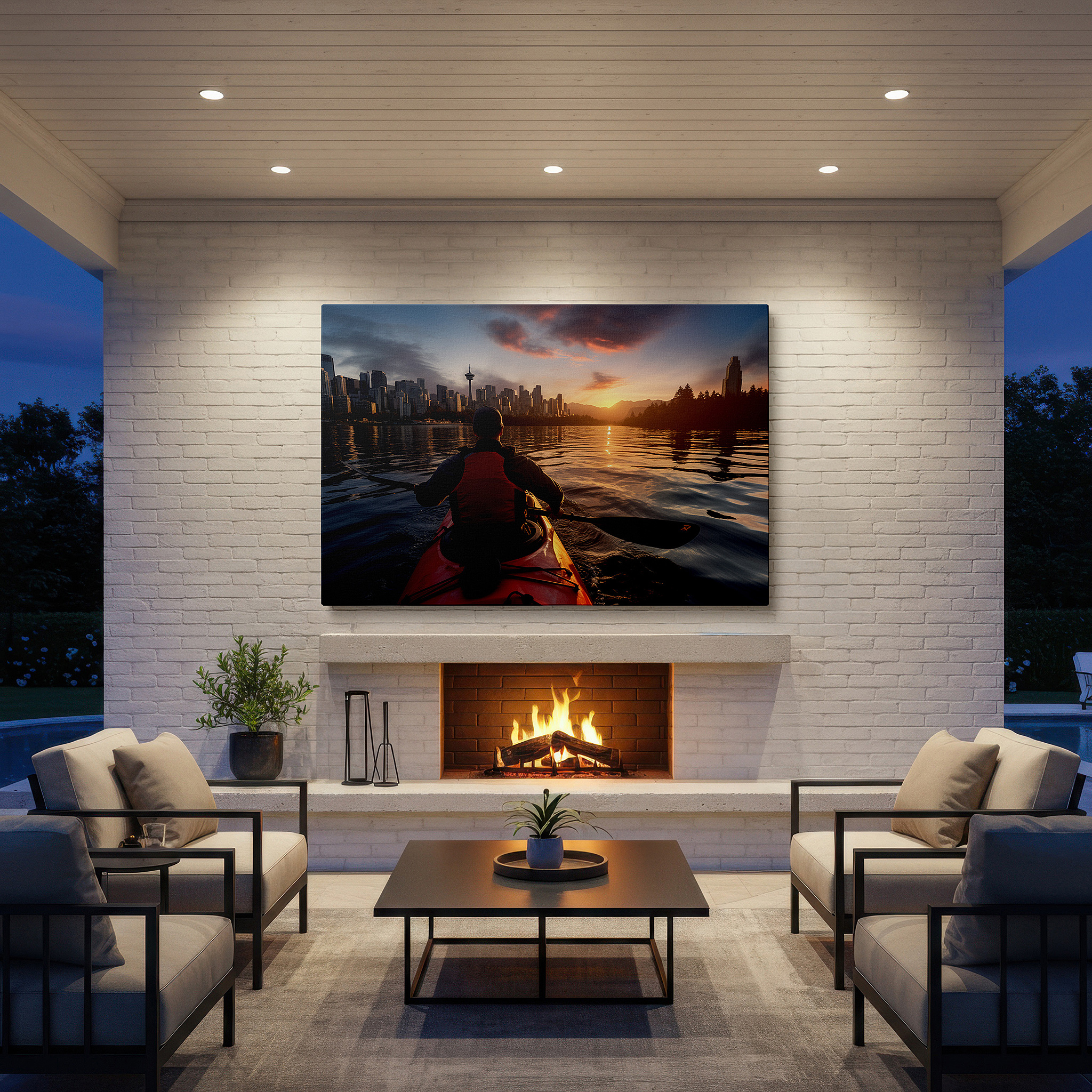 The 75×50 cm version anchors medium rooms without dominating them — serene kayaker at sunset amid urban splendor - large canvas wall art for office, bedroom, and living room decor