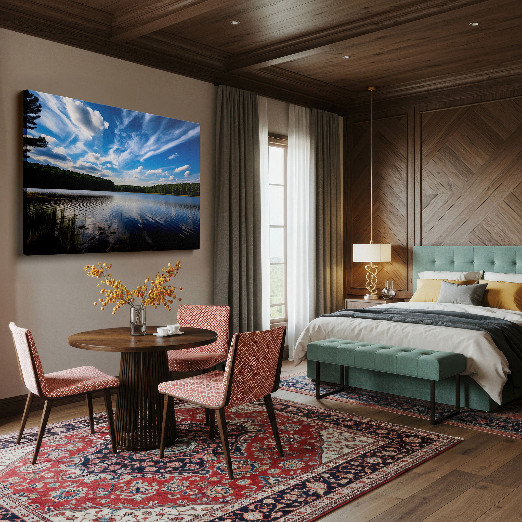The 75×50 cm version anchors medium rooms without dominating them — serene lake and towering pines reflective water scene large canvas wall art for office, bedroom, and living room decor