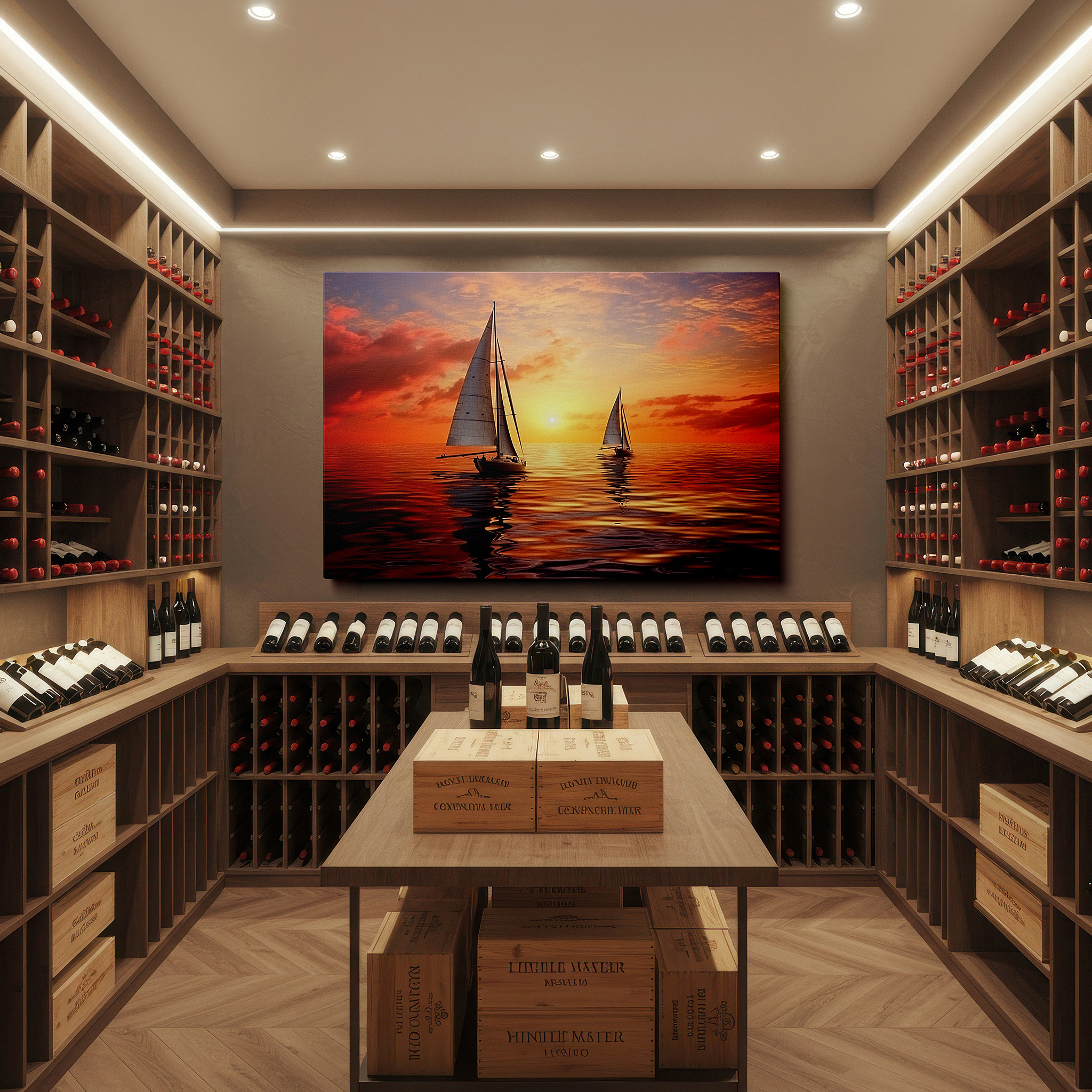 The 75×50 cm version anchors medium rooms without dominating them — serene maritime scene with sailboats at sunset - large canvas wall art for office, bedroom, and living room decor