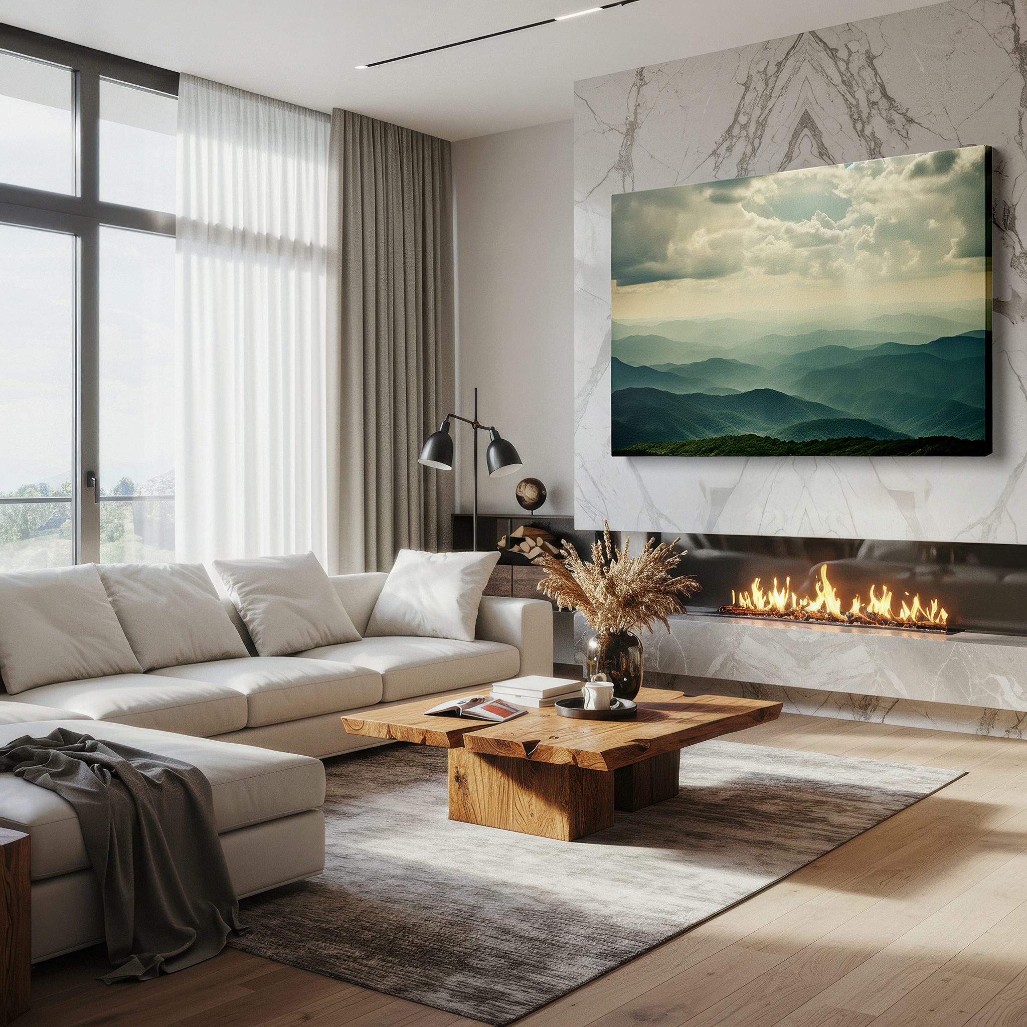 The 75×50 cm version anchors medium rooms without dominating them — serene mountain layers illuminated by celestial light, large canvas wall art for office, bedroom, and living room decor