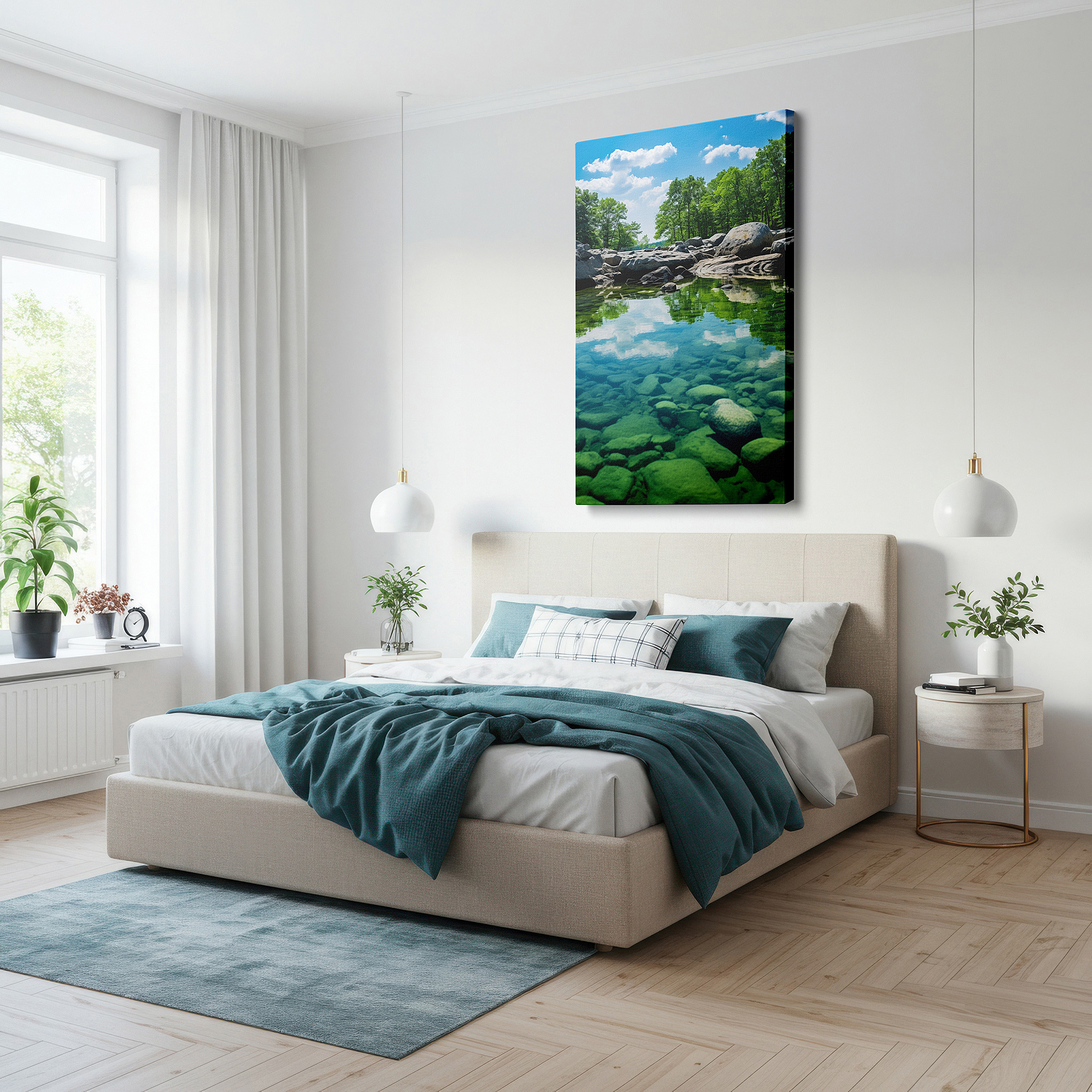 The 75×50 cm version anchors medium rooms without dominating them — serene mountain stream in lush wilderness: tranquil nature escape - large canvas wall art for office and bedroom decor