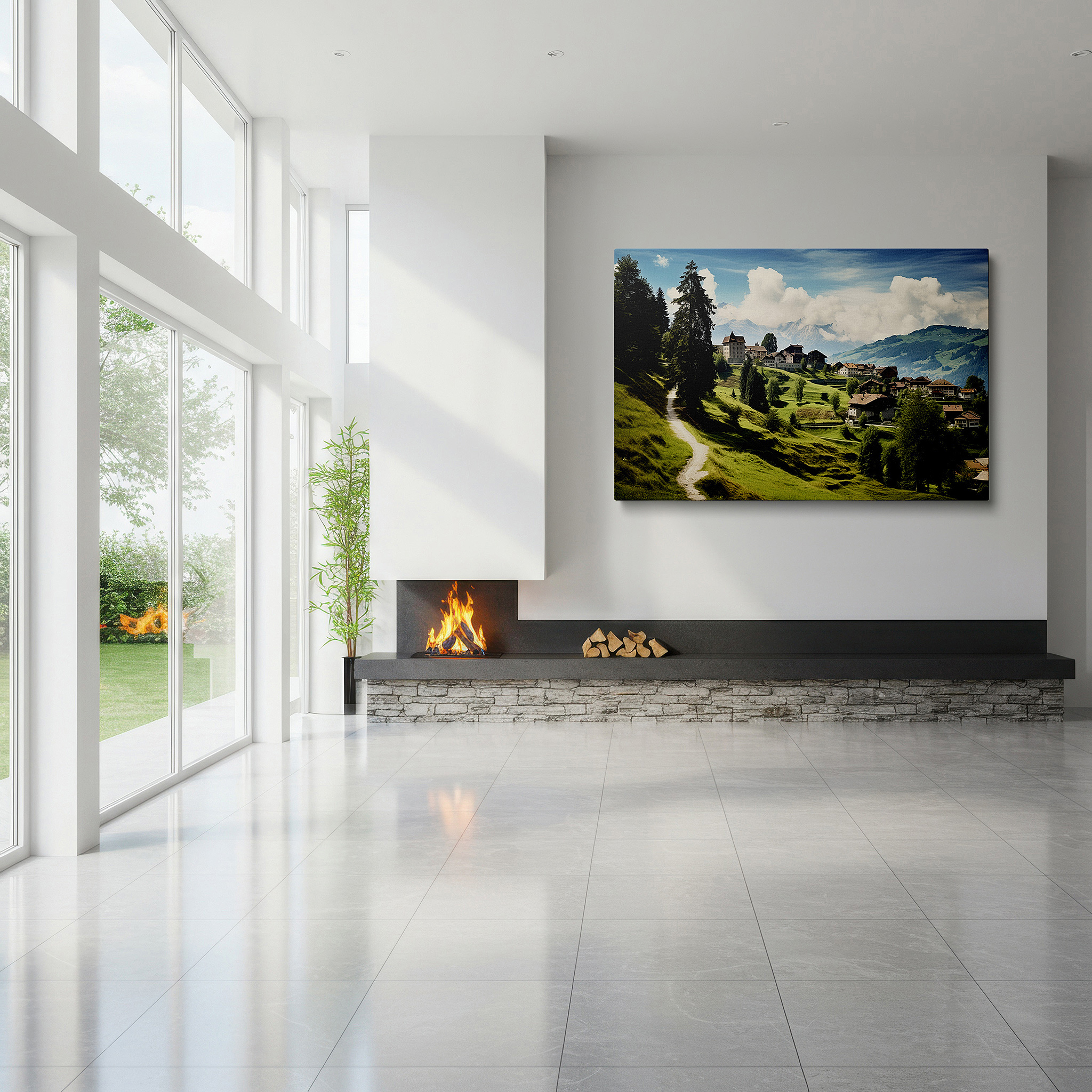 The 75×50 cm version anchors medium rooms without dominating them — serene mountain village wall art featuring lush greenery and majestic peaks - large canvas for office, bedroom, and living room decor