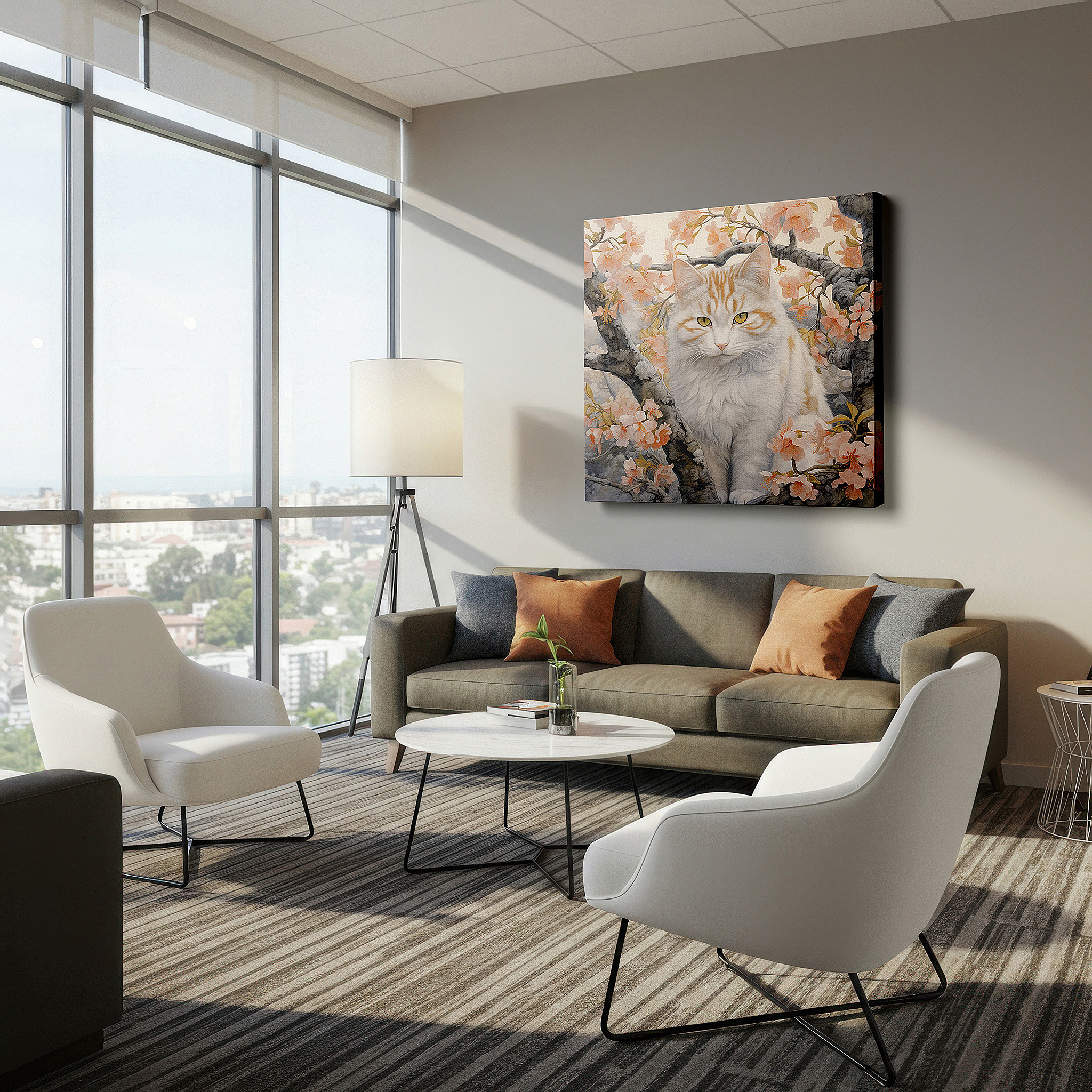 The 75×50 cm version anchors medium rooms without dominating them — serene orange and white cat among soft pink blossoms tranquil garden large wall art, canvas wall art, wall decor, office wall art