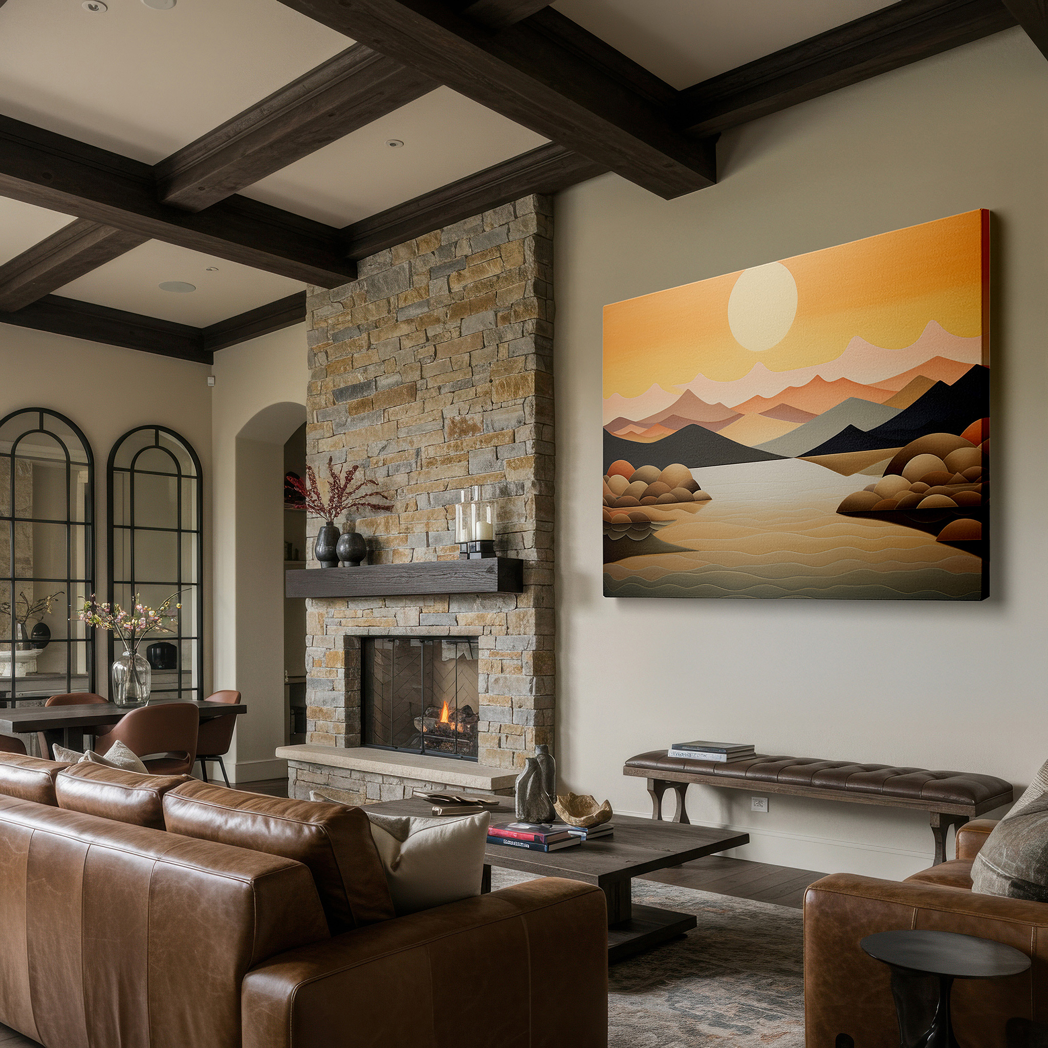 The 75×50 cm version anchors medium rooms without dominating them — serene pastel landscape featuring soft hills and calm waters beneath a radiant sun, large canvas wall art for home and office decor