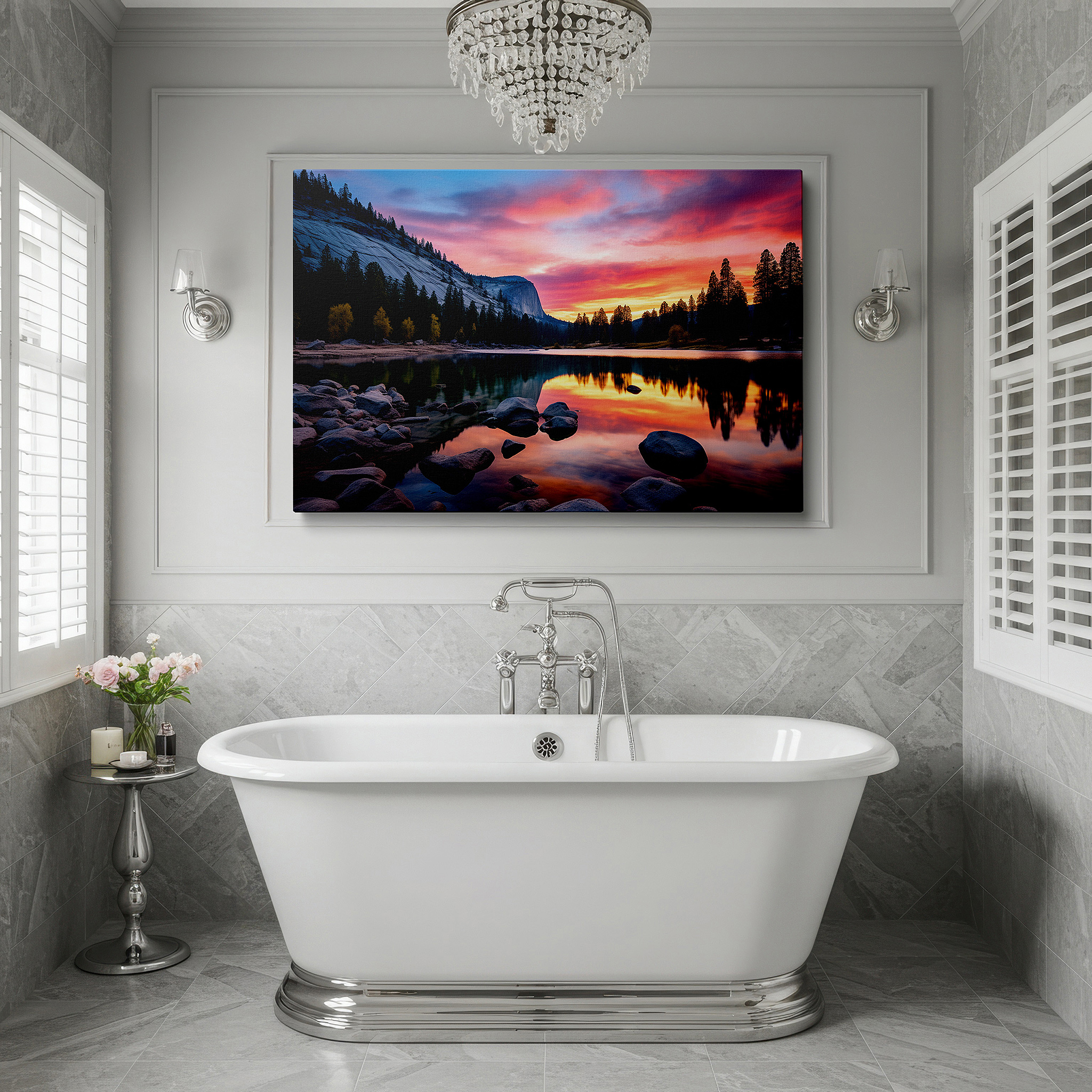 The 75×50 cm version anchors medium rooms without dominating them — serene sunset over majestic rocks and calm lake wall art: large canvas for office, bedroom, and living room decor