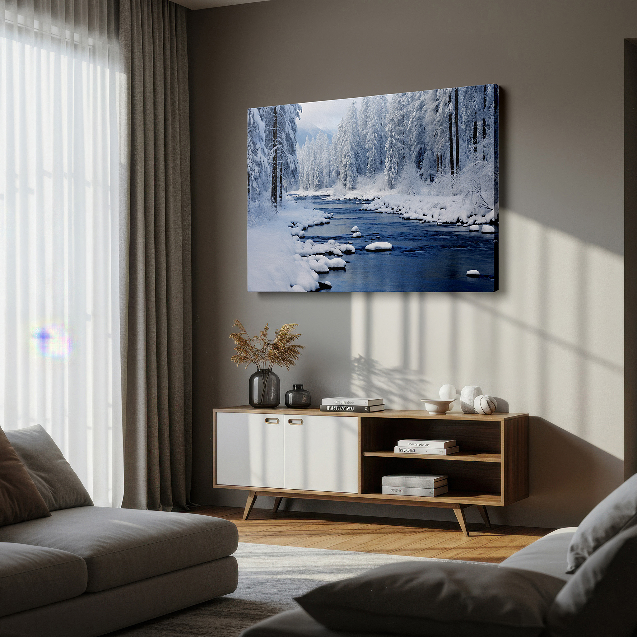 The 75×50 cm version anchors medium rooms without dominating them — serene winter river with snow-covered pines large wall art, canvas wall decor for office, bedroom, and living room
