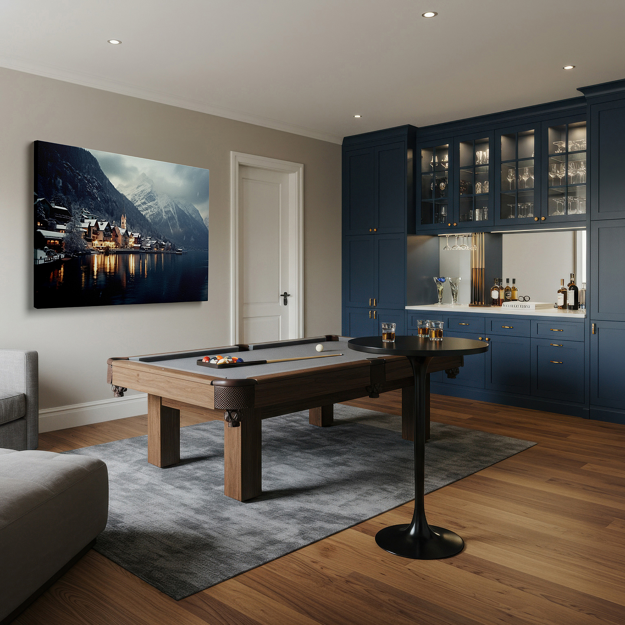 The 75×50 cm version anchors medium rooms without dominating them — serene winter village canvas wall art featuring snow-capped mountains, twilight sky, and lake reflection - ideal for office wall decor