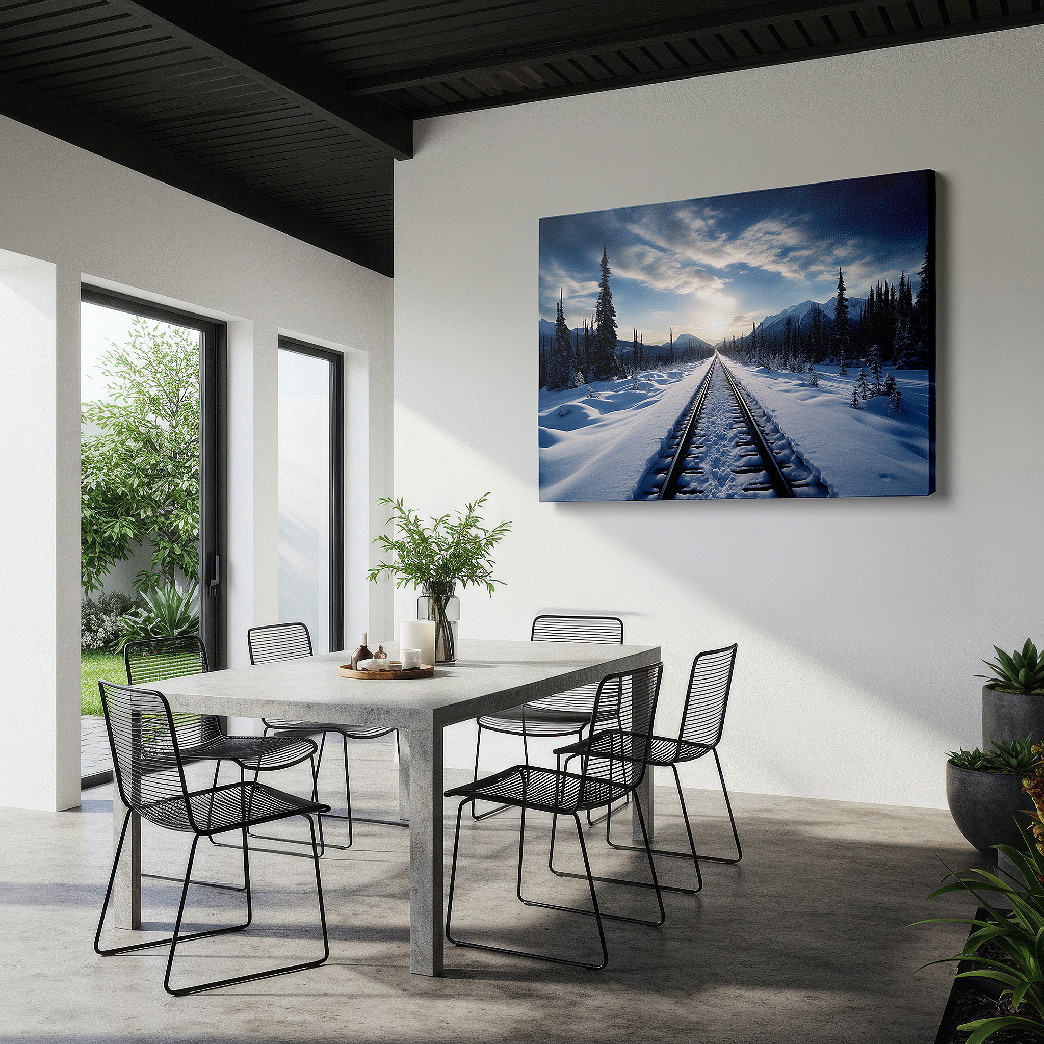 The 75×50 cm version anchors medium rooms without dominating them — snow-covered train tracks with majestic mountains in a serene winter scene large wall art, canvas wall art, wall decor for office