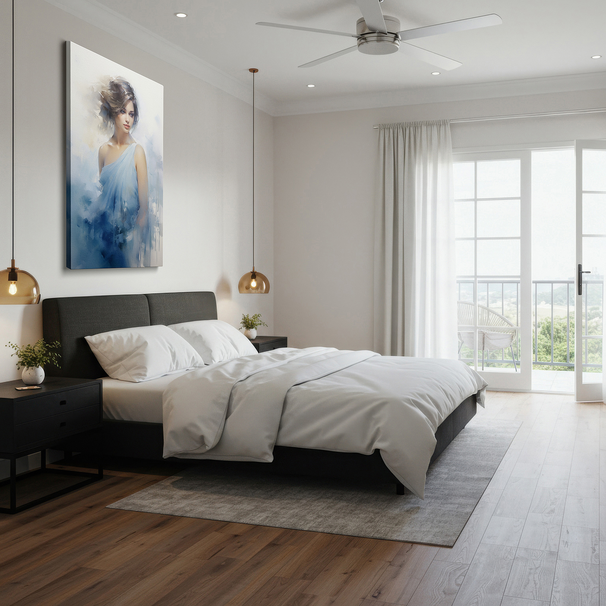 The 75×50 cm version anchors medium rooms without dominating them — soft blue tranquility - serene woman in elegant flow, large wall art, canvas wall art, wall decor for office and bedroom