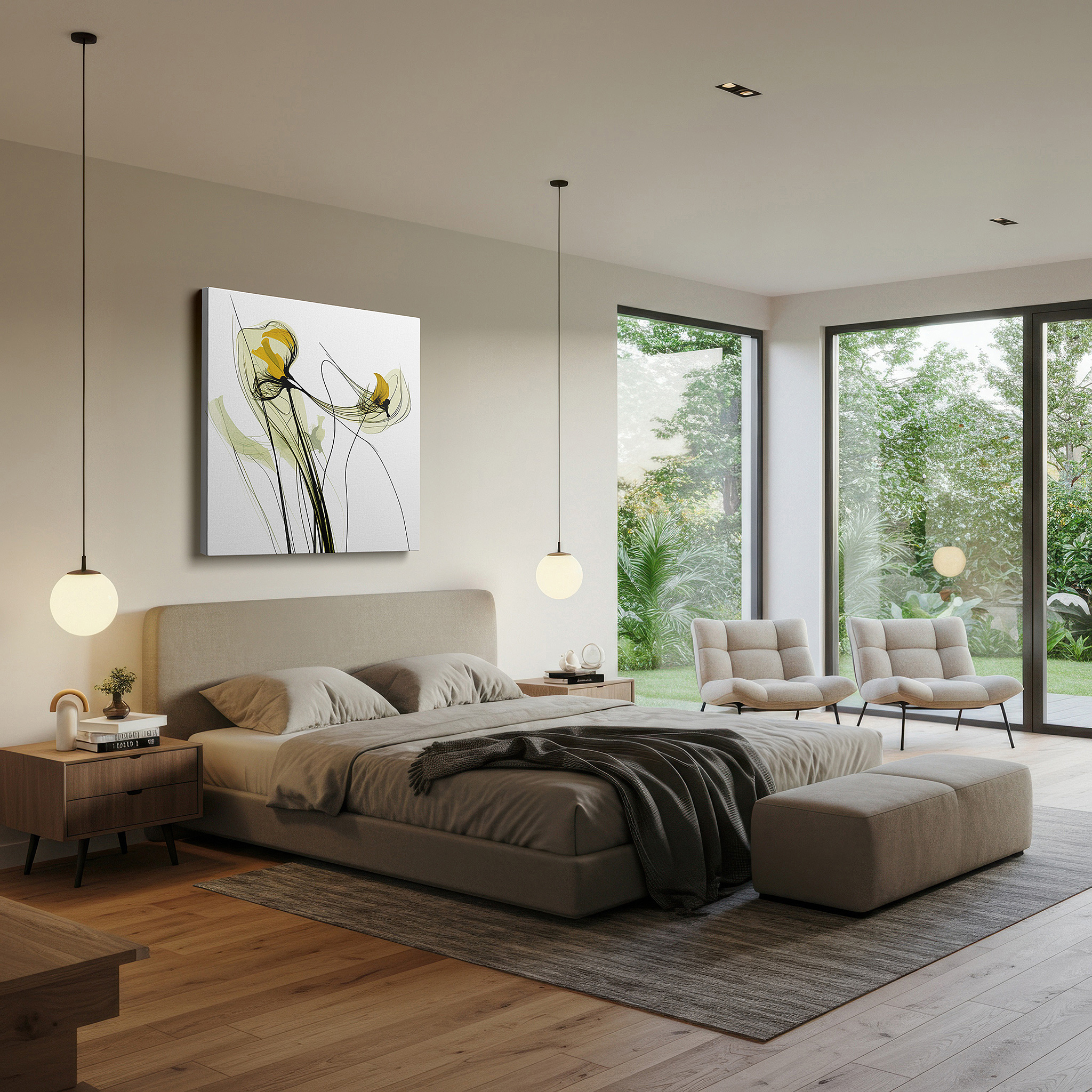The 75×50 cm version anchors medium rooms without dominating them — soft-hued stylized flowers, tranquil abstract with vibrant accents, large canvas wall art for office decor