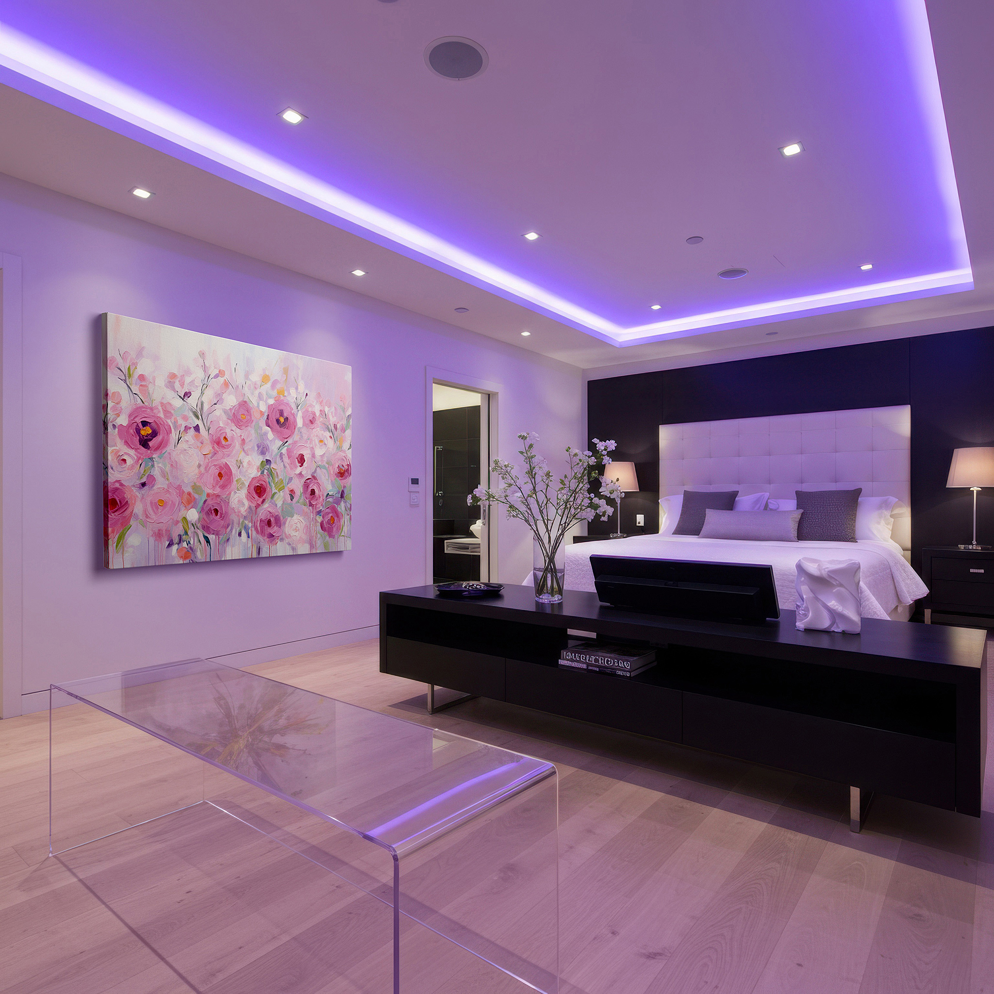 The 75×50 cm version anchors medium rooms without dominating them — soft pink roses symphony and abstract elegance: serene nature and innovation large wall art, canvas wall art, wall decor for office