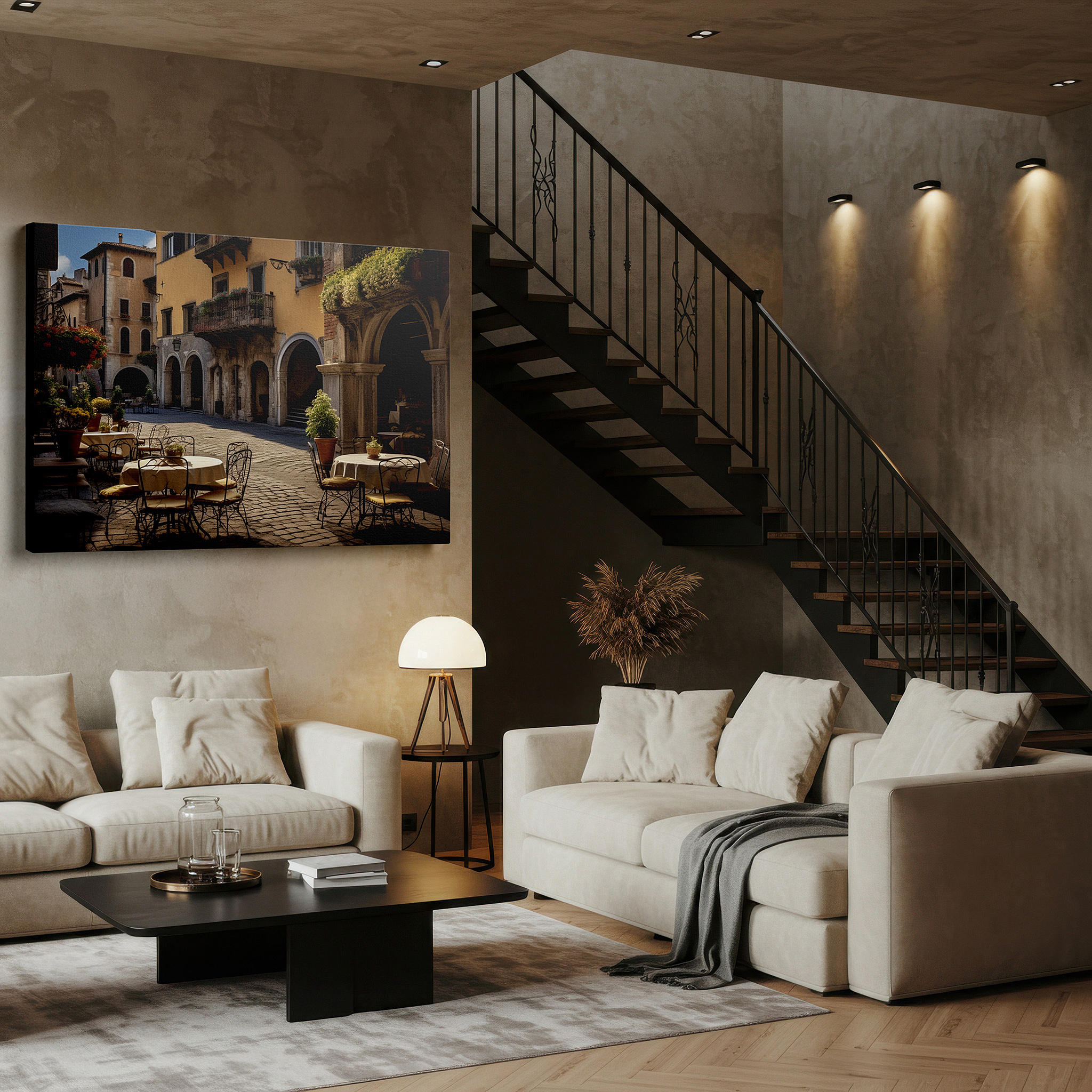 The 75×50 cm version anchors medium rooms without dominating them — sunlit italian courtyard with vibrant flowers large canvas wall art for office and bedroom decor