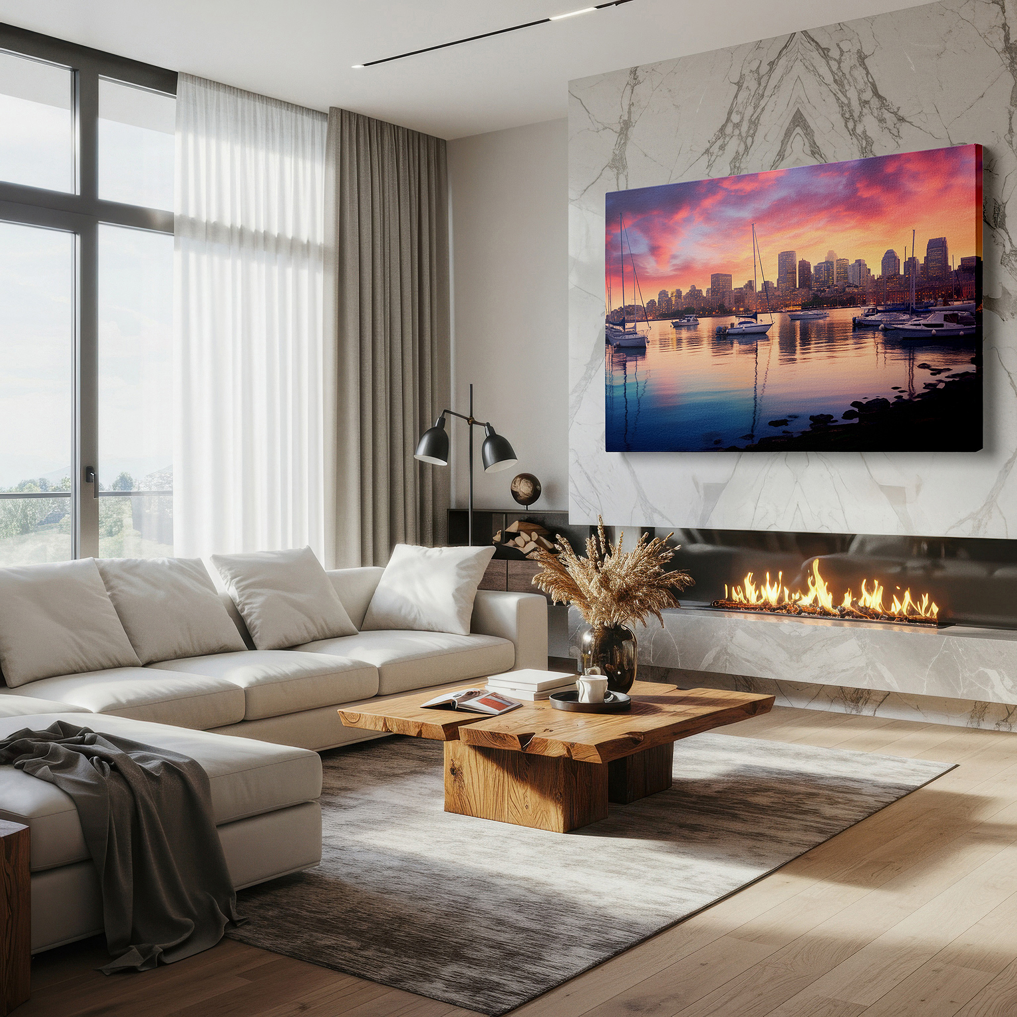 The 75×50 cm version anchors medium rooms without dominating them — sunset city skyline - captivating urban energy meets serene nature large wall art, canvas wall art, wall decor, office wall art