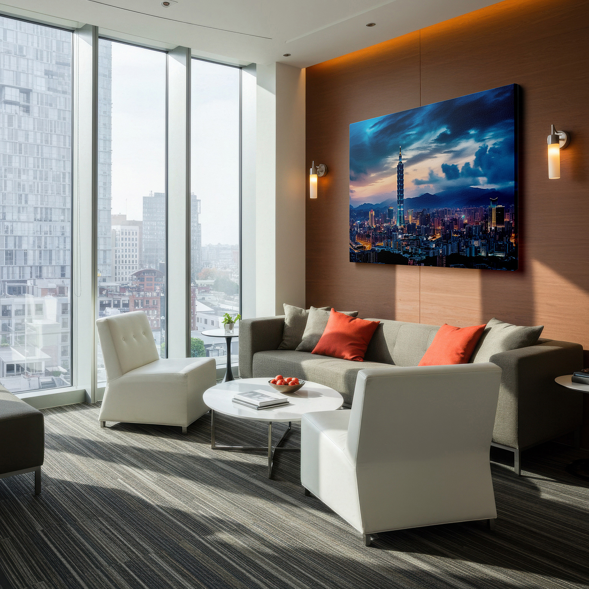 The 75×50 cm version anchors medium rooms without dominating them — taipei 101 tower lit up: a dazzling gem in the evening cityscape - large wall art, canvas wall art, wall decor for office and bedroom
