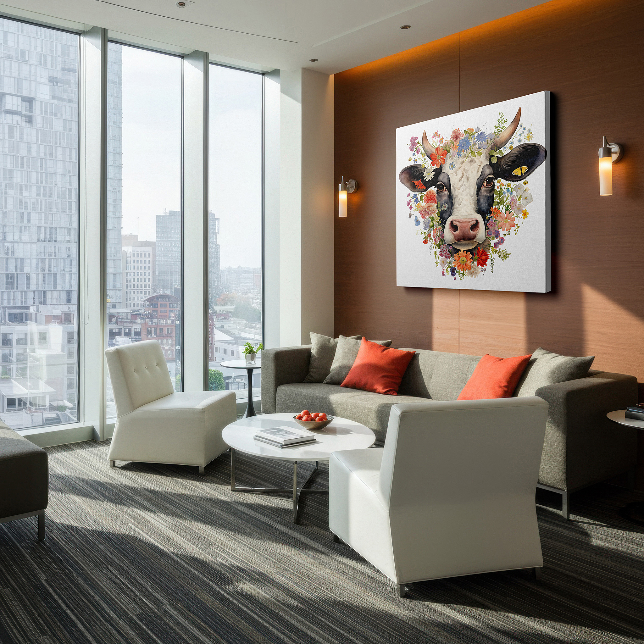 The 75×50 cm version anchors medium rooms without dominating them — tranquil cow in floral kaleidoscope: serene nature and farm life wall art, large canvas decor for office