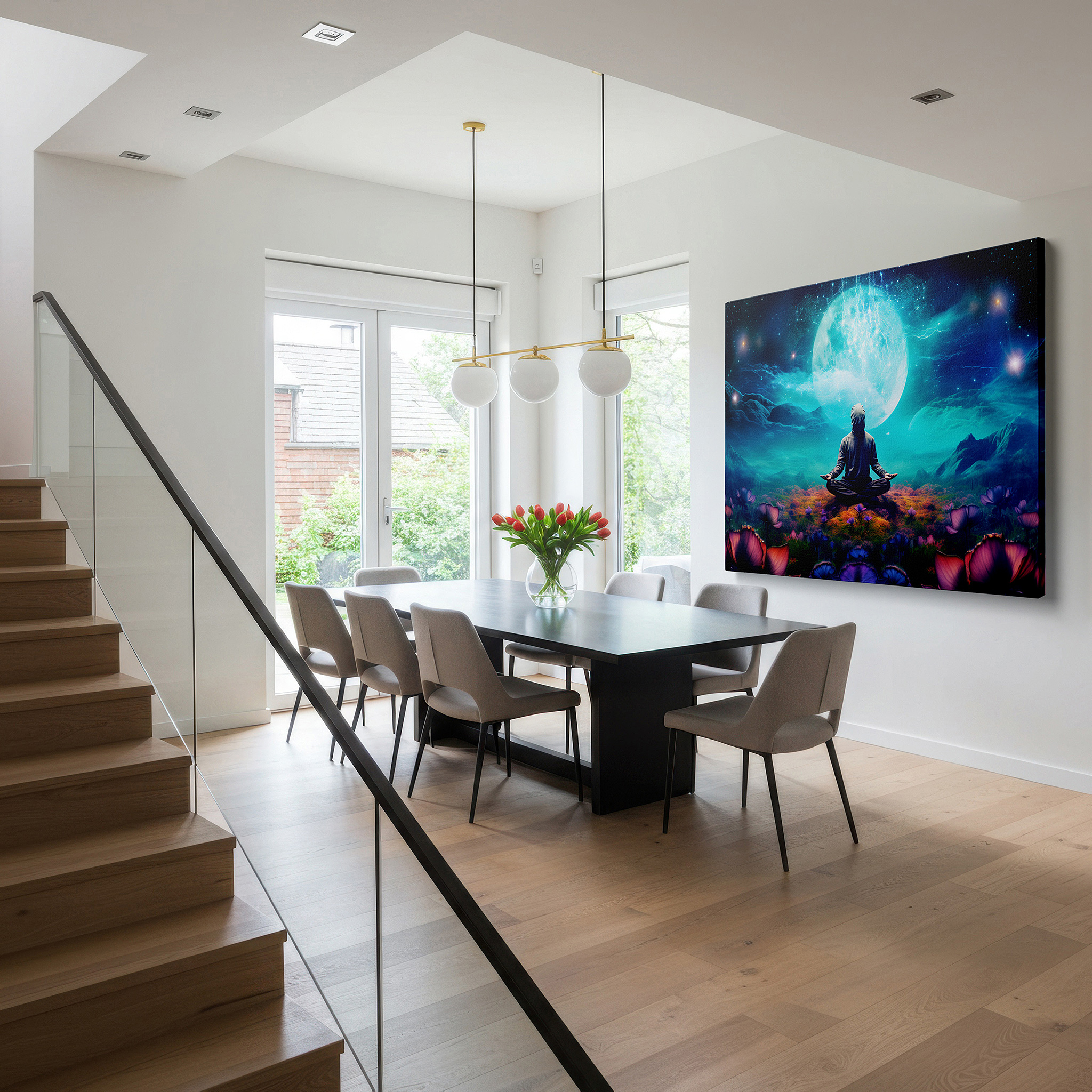 The 75×50 cm version anchors medium rooms without dominating them — tranquil meditation under the celestial moon wall art: a harmonious blend of nature and cosmos, large canvas wall art for office decor