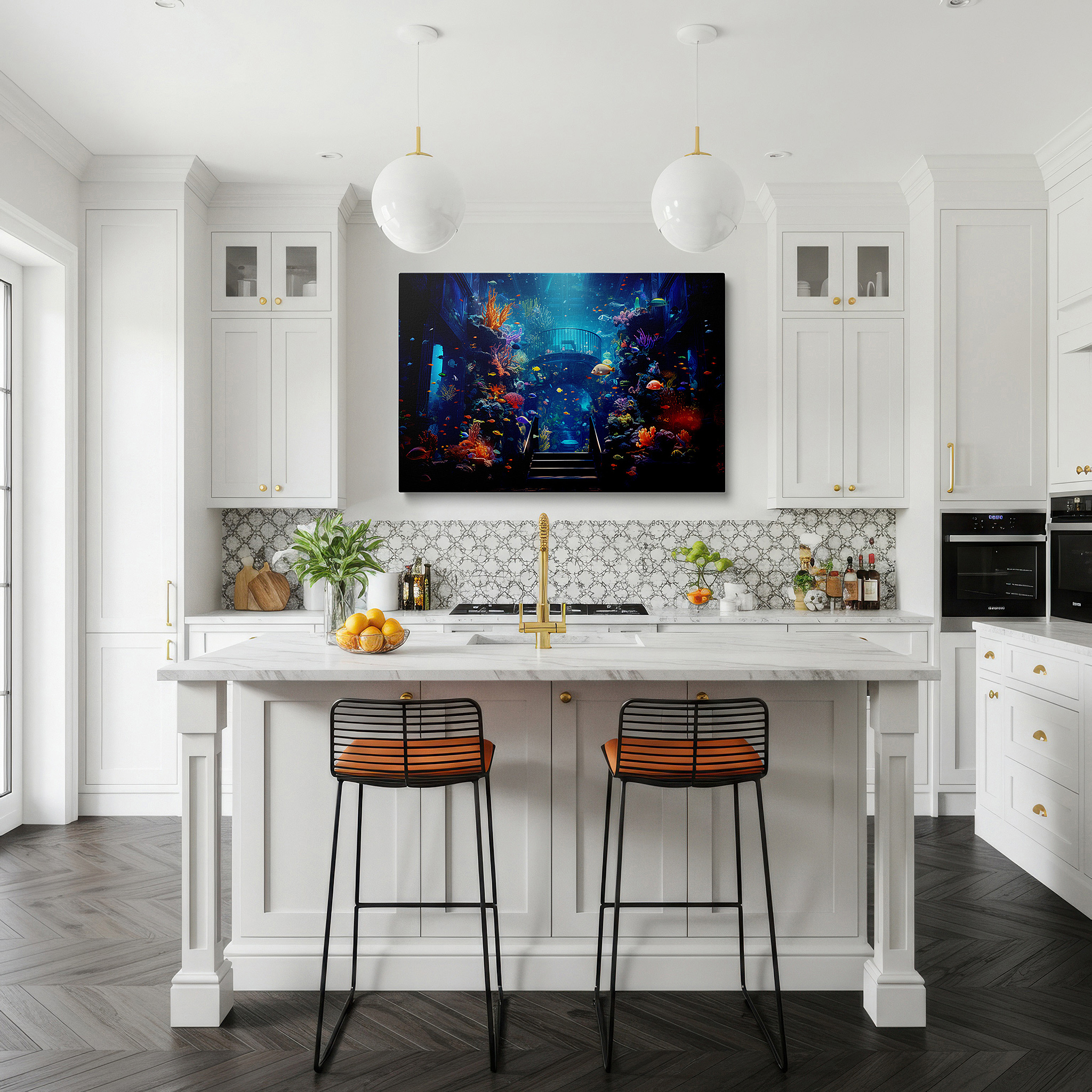 The 75×50 cm version anchors medium rooms without dominating them — underwater serenity wall art: explore the vibrant marine life and coral reefs in a mesmerizing deep sea journey - large canvas wall art for home and office decor