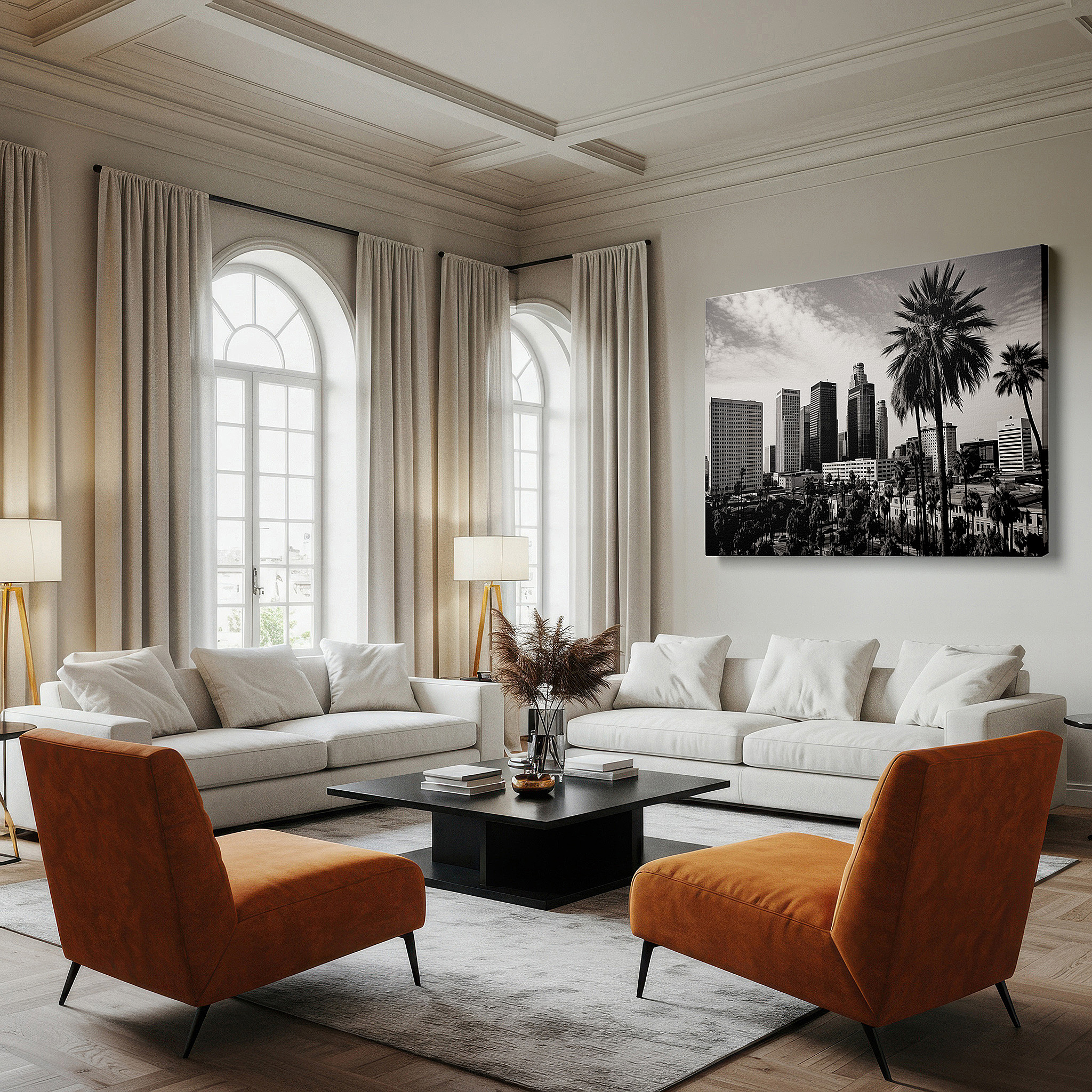 The 75×50 cm version anchors medium rooms without dominating them — urban elegance in black and white: a serene fusion of nature and architecture - large wall art, canvas wall art, wall decor for offices