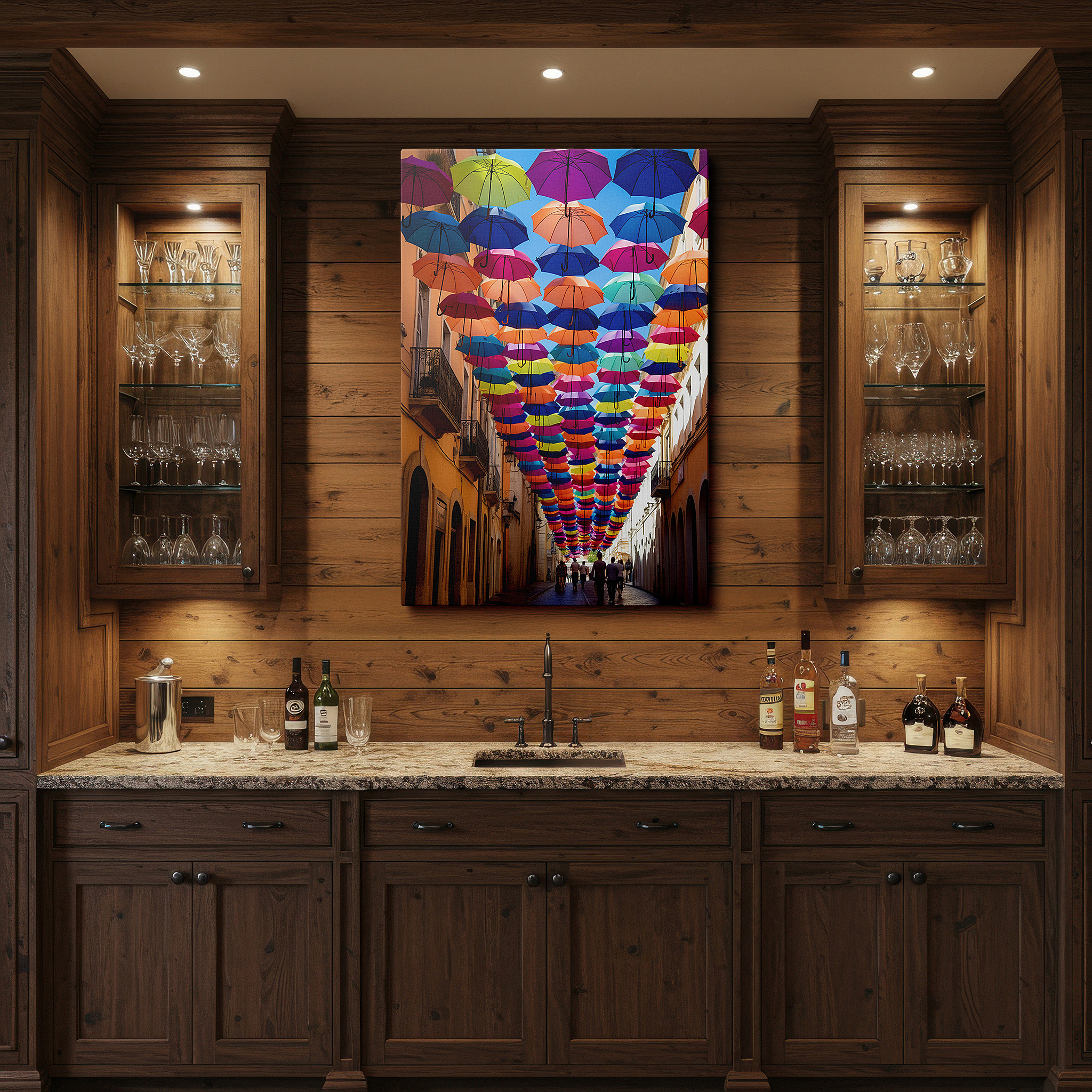 The 75×50 cm version anchors medium rooms without dominating them — urban enchantment: vibrant umbrella canopy over cobblestone street - large canvas wall art for home and office decor