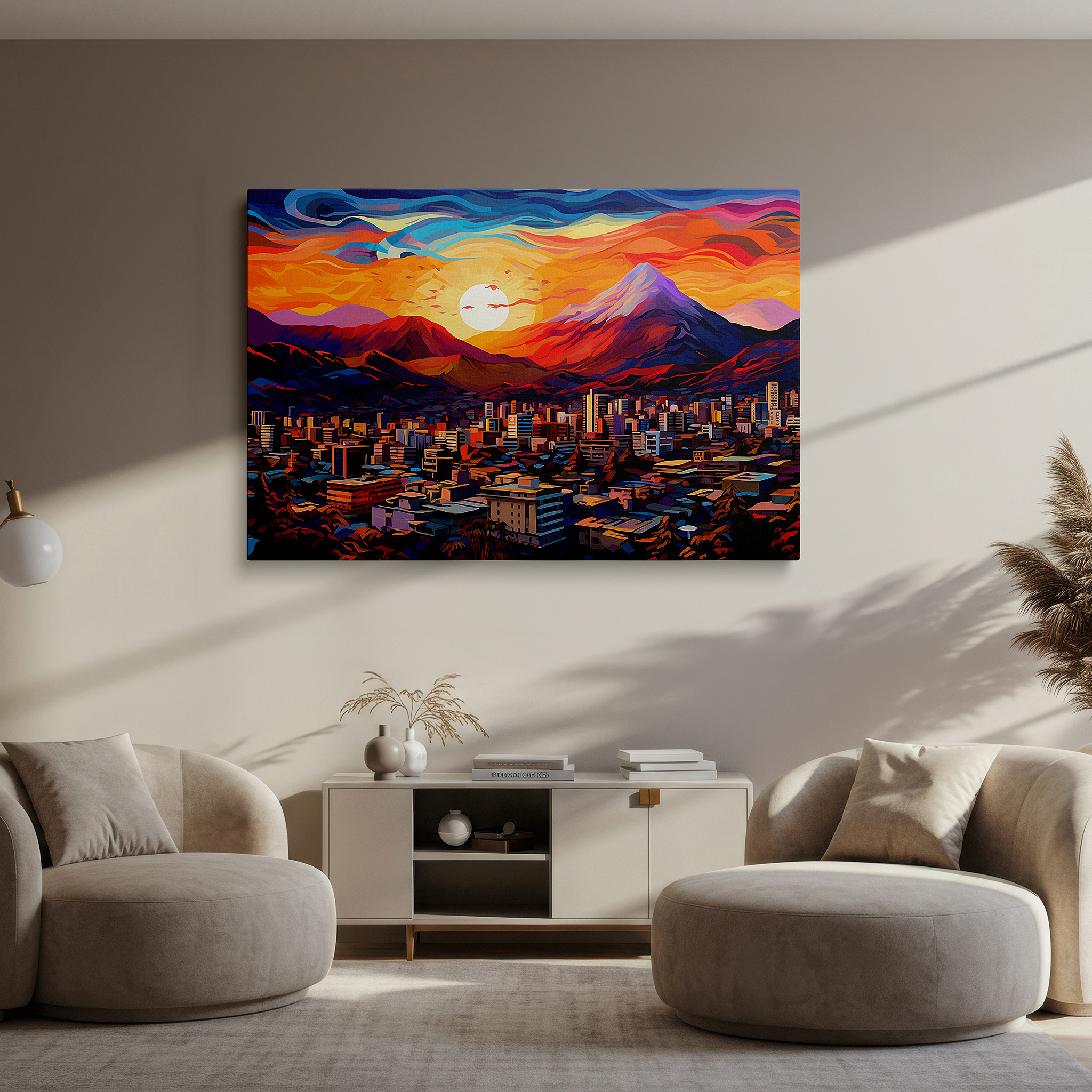 The 75×50 cm version anchors medium rooms without dominating them — urban sunset symphony - vibrant cityscape with majestic mountains large wall art, canvas wall decor for offices and bedrooms