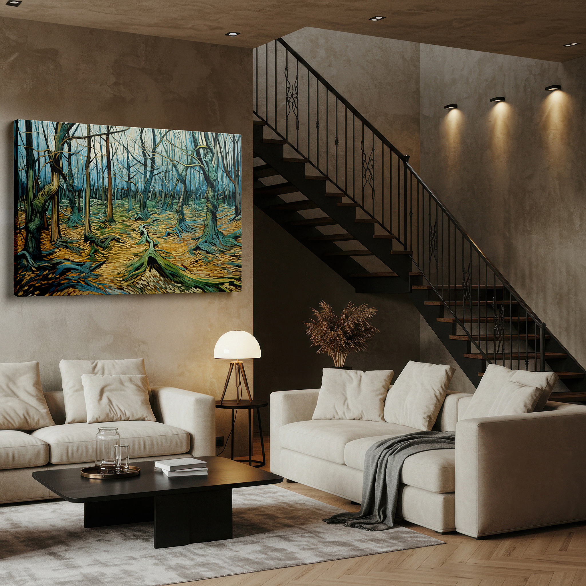 The 75×50 cm version anchors medium rooms without dominating them — van gogh-inspired twisted forest scene, vibrant and emotional nature journey, large canvas wall art for home and office decor