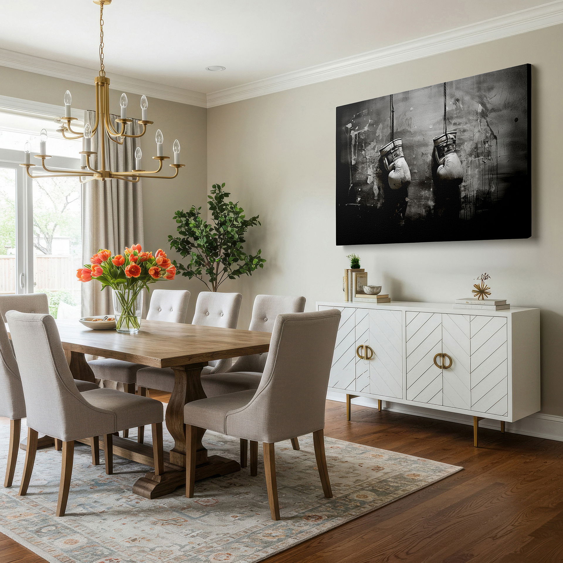 The 75×50 cm version anchors medium rooms without dominating them — vintage black and white boxing gloves large wall art, timeless boxing legacy canvas, office and bedroom wall decor