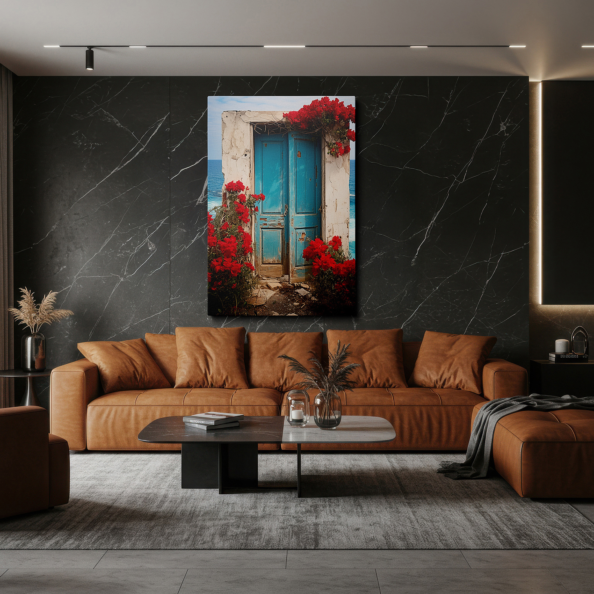 The 75×50 cm version anchors medium rooms without dominating them — wall art: ancient doorway to serenity - featuring vibrant flowers and a tranquil ocean vista. large canvas wall art for office and bedroom decor.