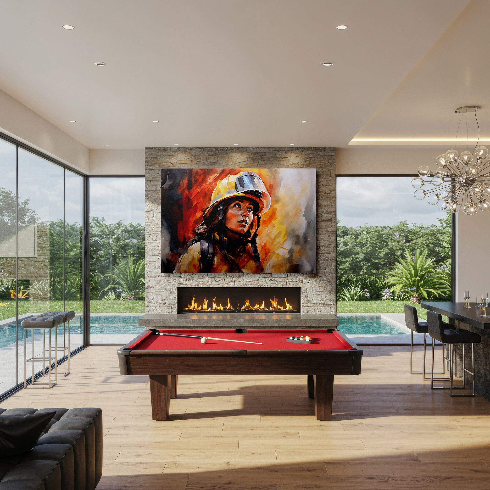 The 75×50 cm version anchors medium rooms without dominating them — wall art: "beacon of courage" - female firefighter amidst flames, large canvas wall art for office, bedroom, and living room decor