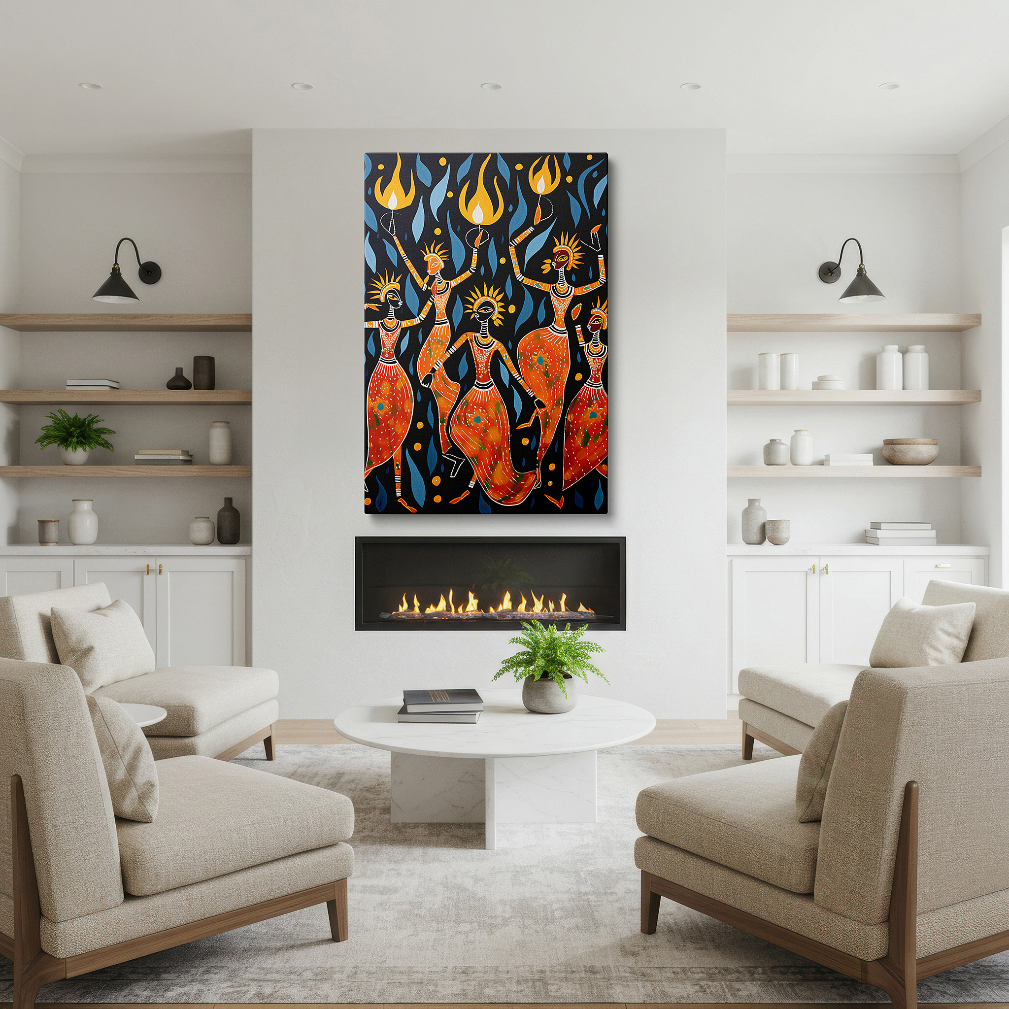 The 75×50 cm version anchors medium rooms without dominating them — wall art: embracing unity and joy with cultural dance and vivid flames - large canvas art for home and office decor