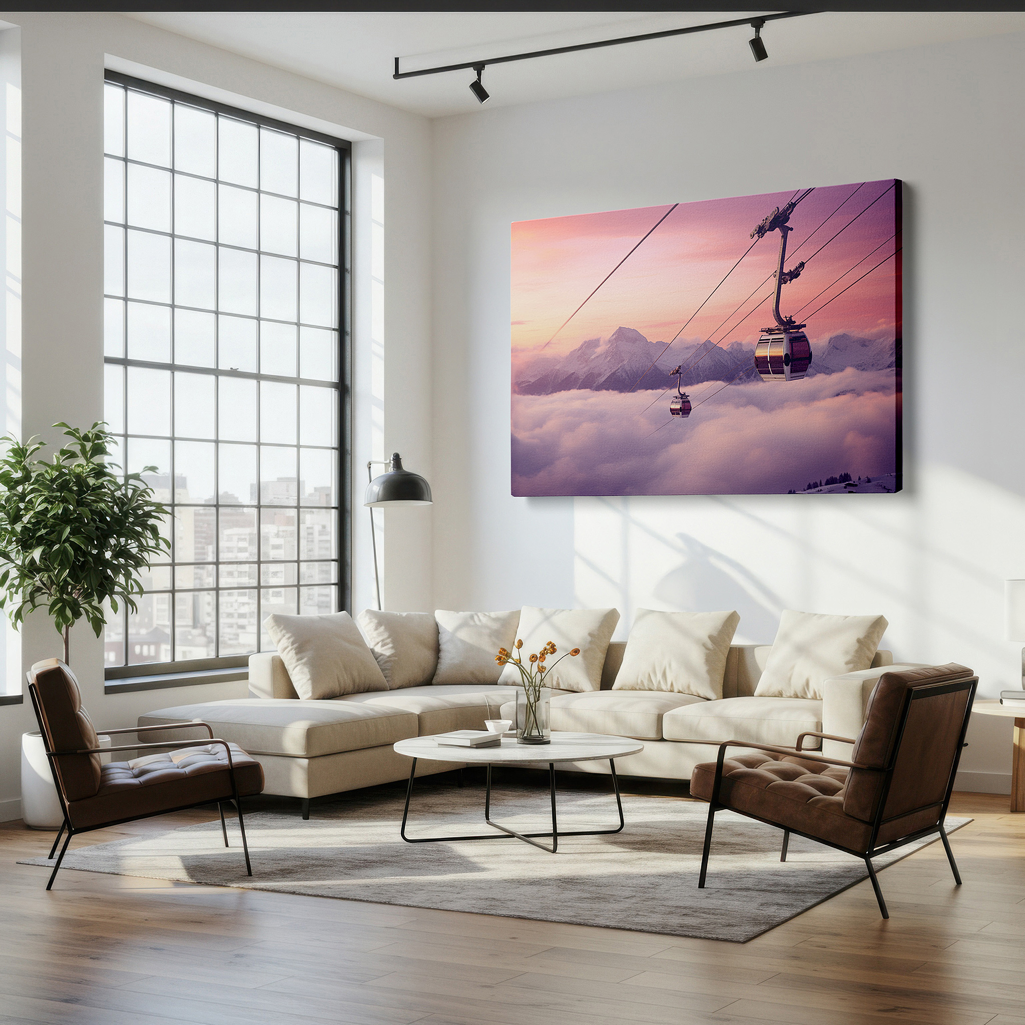 The 75×50 cm version anchors medium rooms without dominating them — wall art: experience the serene majesty of snowy peaks and gliding gondolas in a winter wonderland - large canvas wall art for office and bedroom decor
