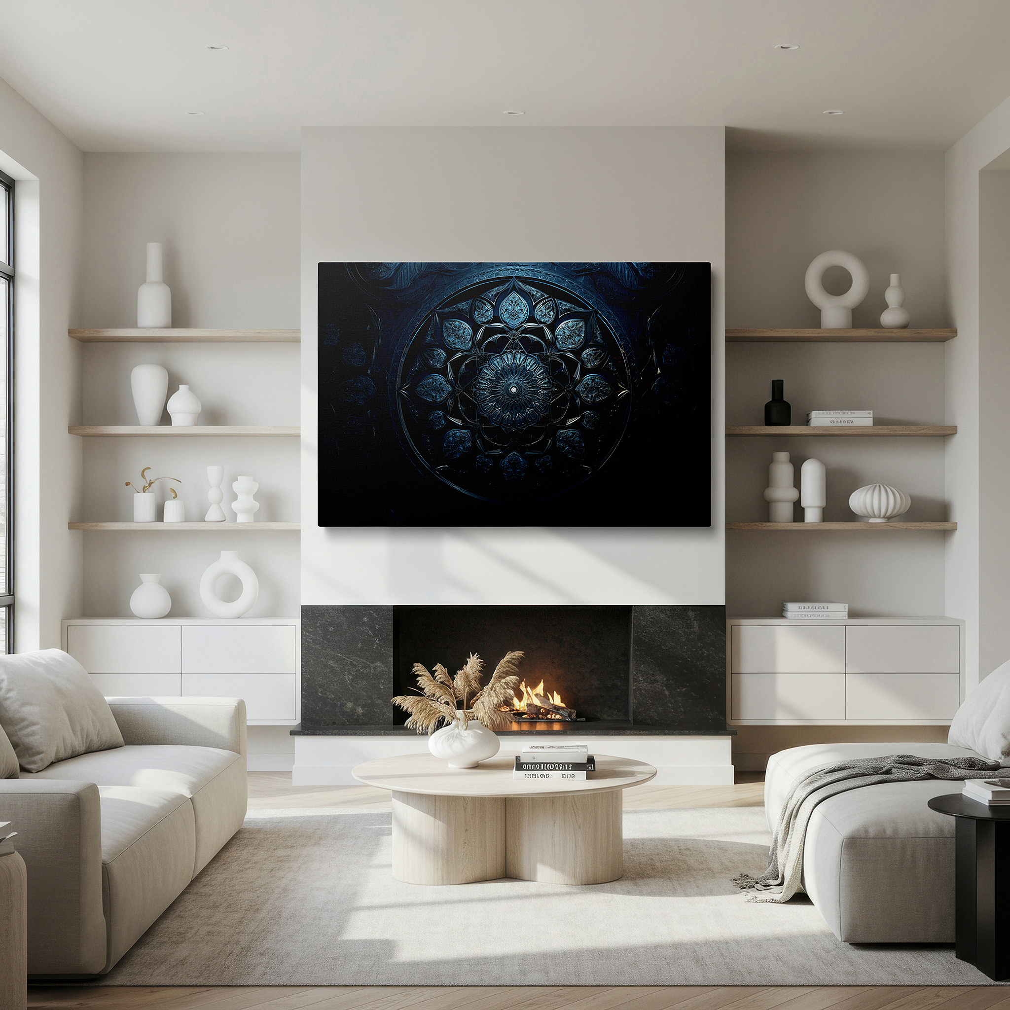 The 75×50 cm version anchors medium rooms without dominating them — wall art: large deep blue mandala featuring floral motifs, symbolizing infinity and the eternal cycle of life - canvas wall art for office decor