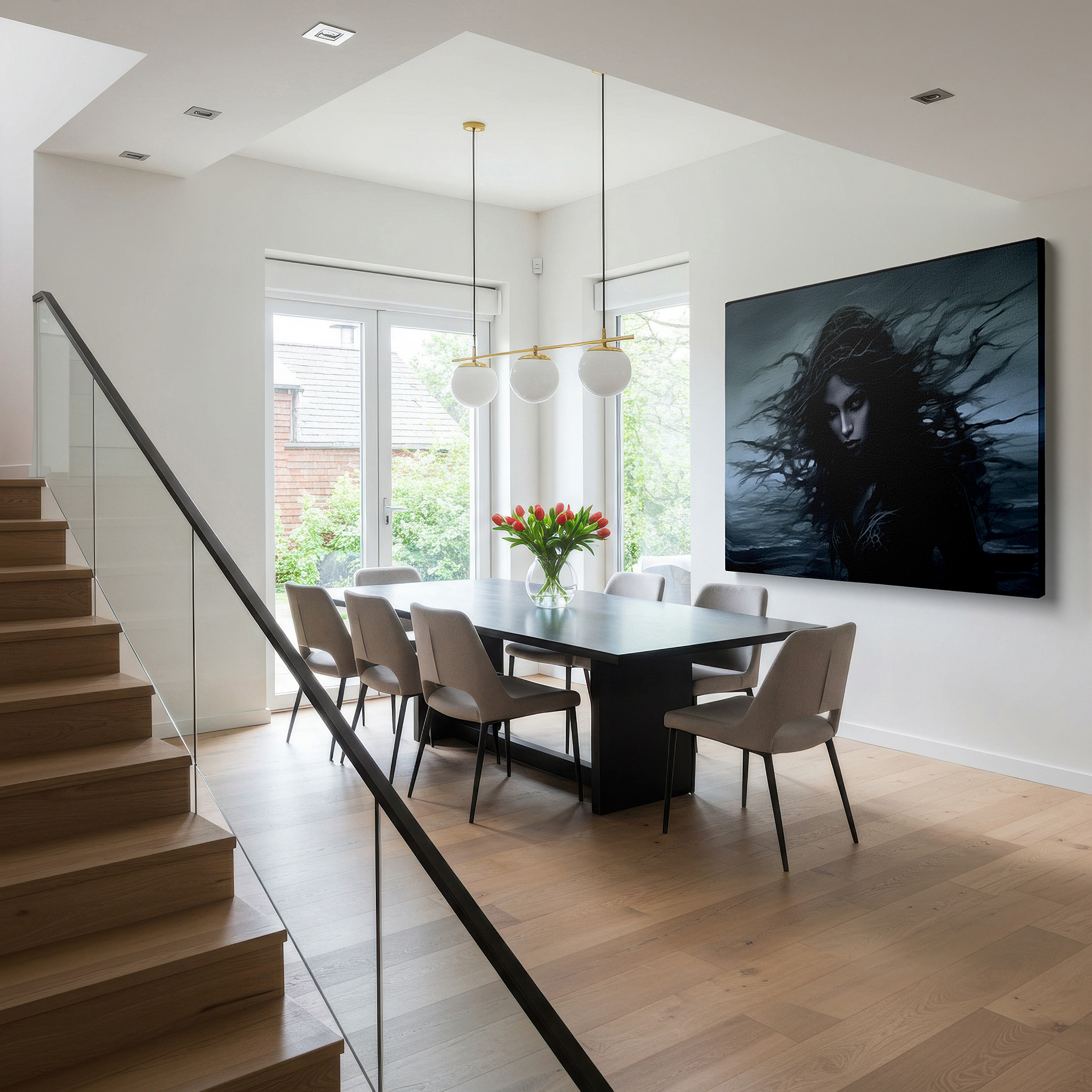 The 75×50 cm version anchors medium rooms without dominating them — wall art: "portrait of a woman amidst nature's fury" - emotive dance with the wild sea, large canvas art for home and office decor, perfect for living room and bedroom