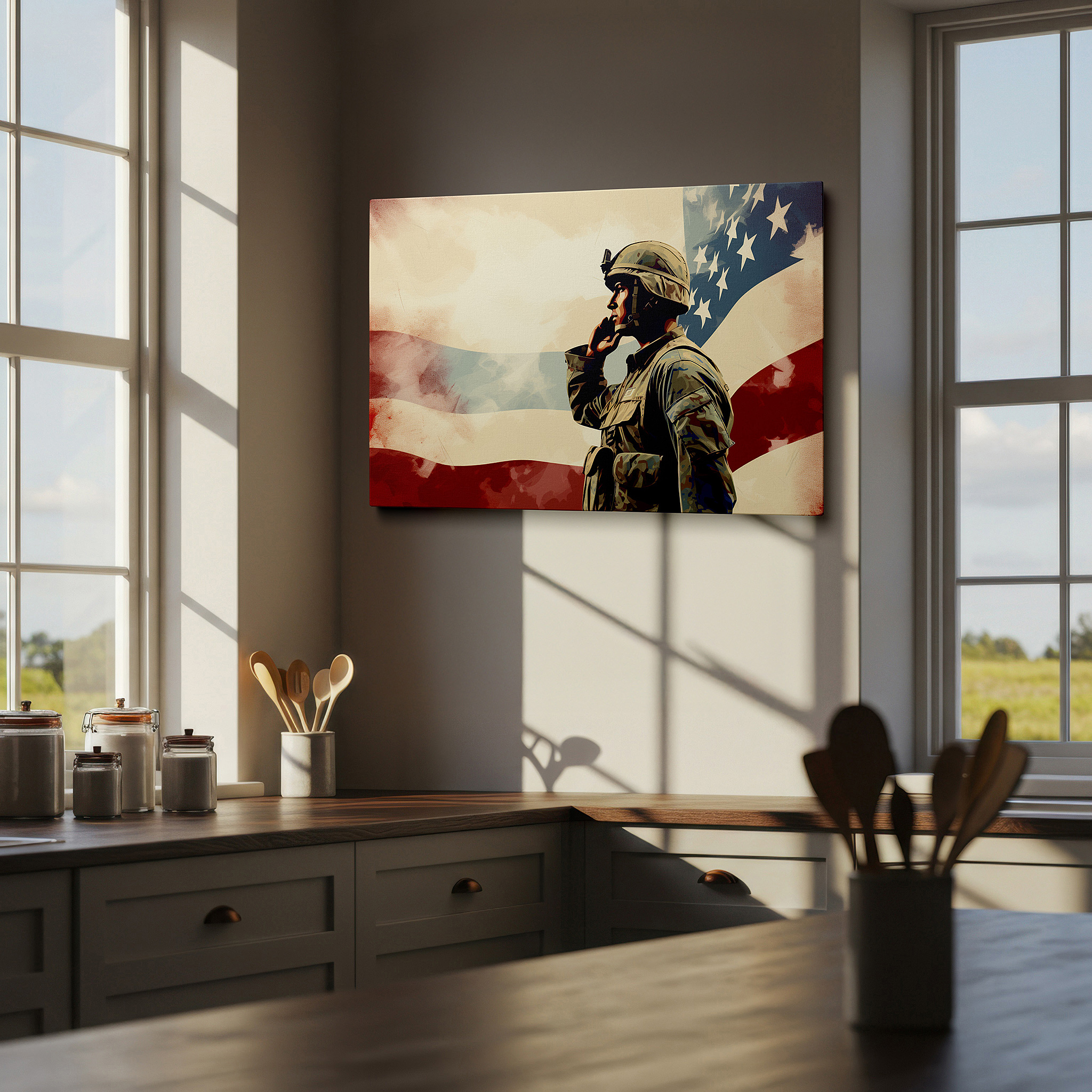 The 75×50 cm version anchors medium rooms without dominating them — wall art: saluting soldier with american flag - a tribute to national pride and honor. large canvas wall art for office decor.