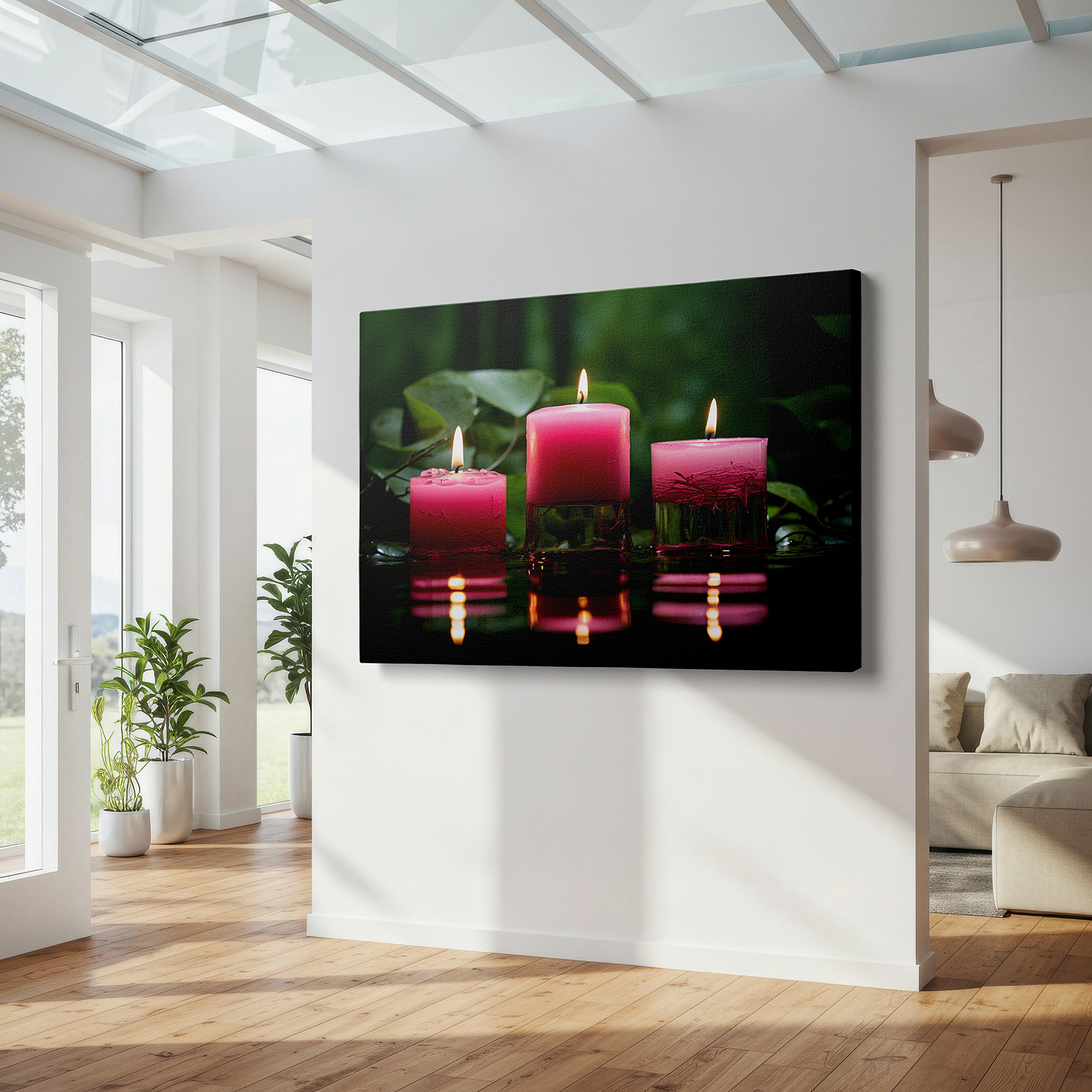 The 75×50 cm version anchors medium rooms without dominating them — wall art: serene set of three pink candles with a vibrant green background - large canvas wall art for office, bedroom, and living room decor