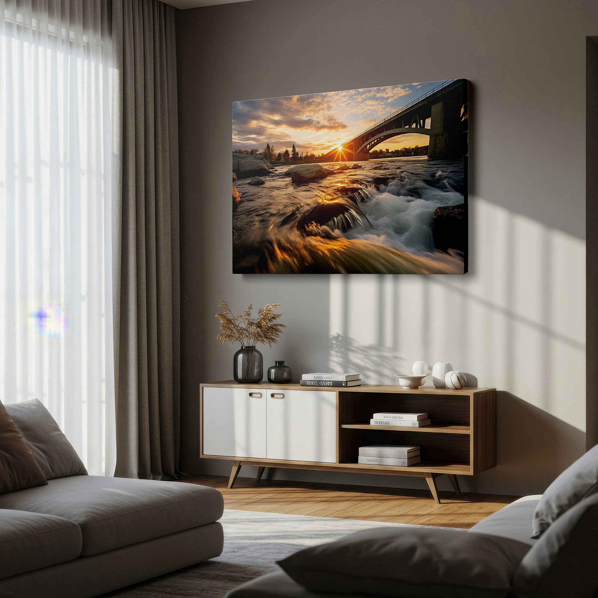 The 75×50 cm version anchors medium rooms without dominating them — wall art: sunset through bridge arches over river - a fusion of nature's beauty and architectural brilliance, large canvas wall art for office decor