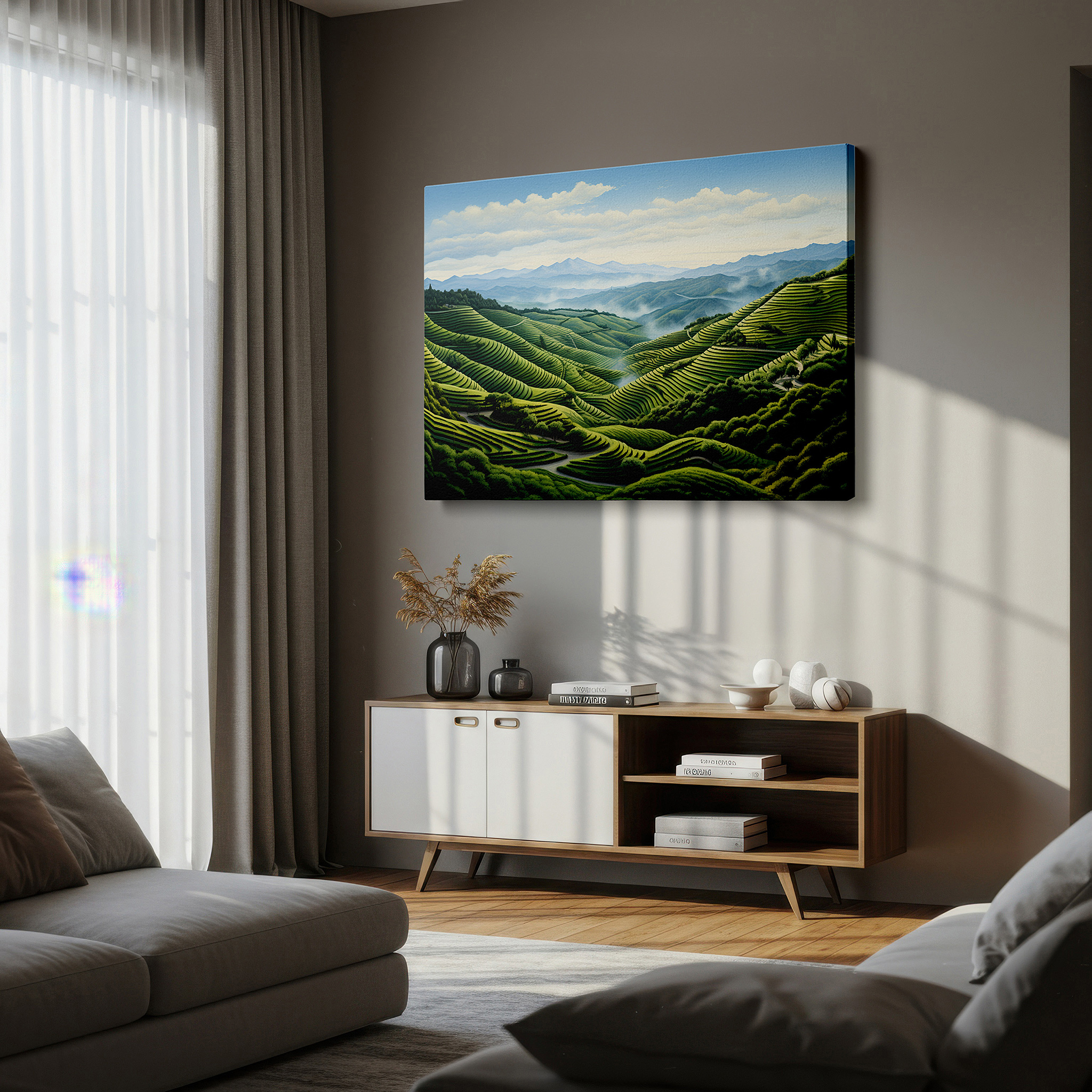 The 75×50 cm version anchors medium rooms without dominating them — wall art: tranquil countryside scene with verdant terraces and grand mountains - large canvas wall art for home and office decor, perfect for living room and bedroom