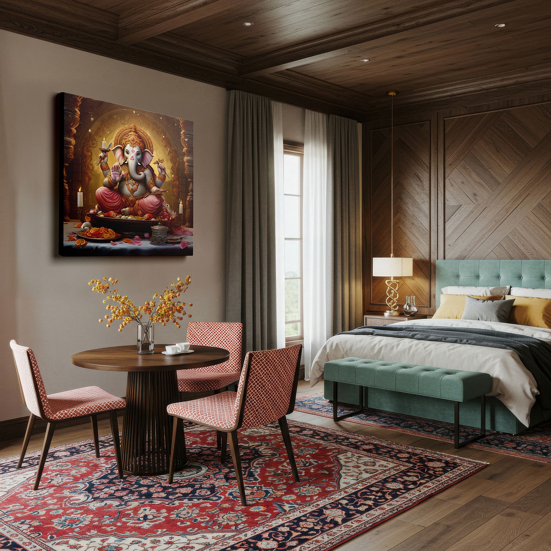 The 75×50 cm version anchors medium rooms without dominating them — wall decor: large canvas featuring lord ganesh, the