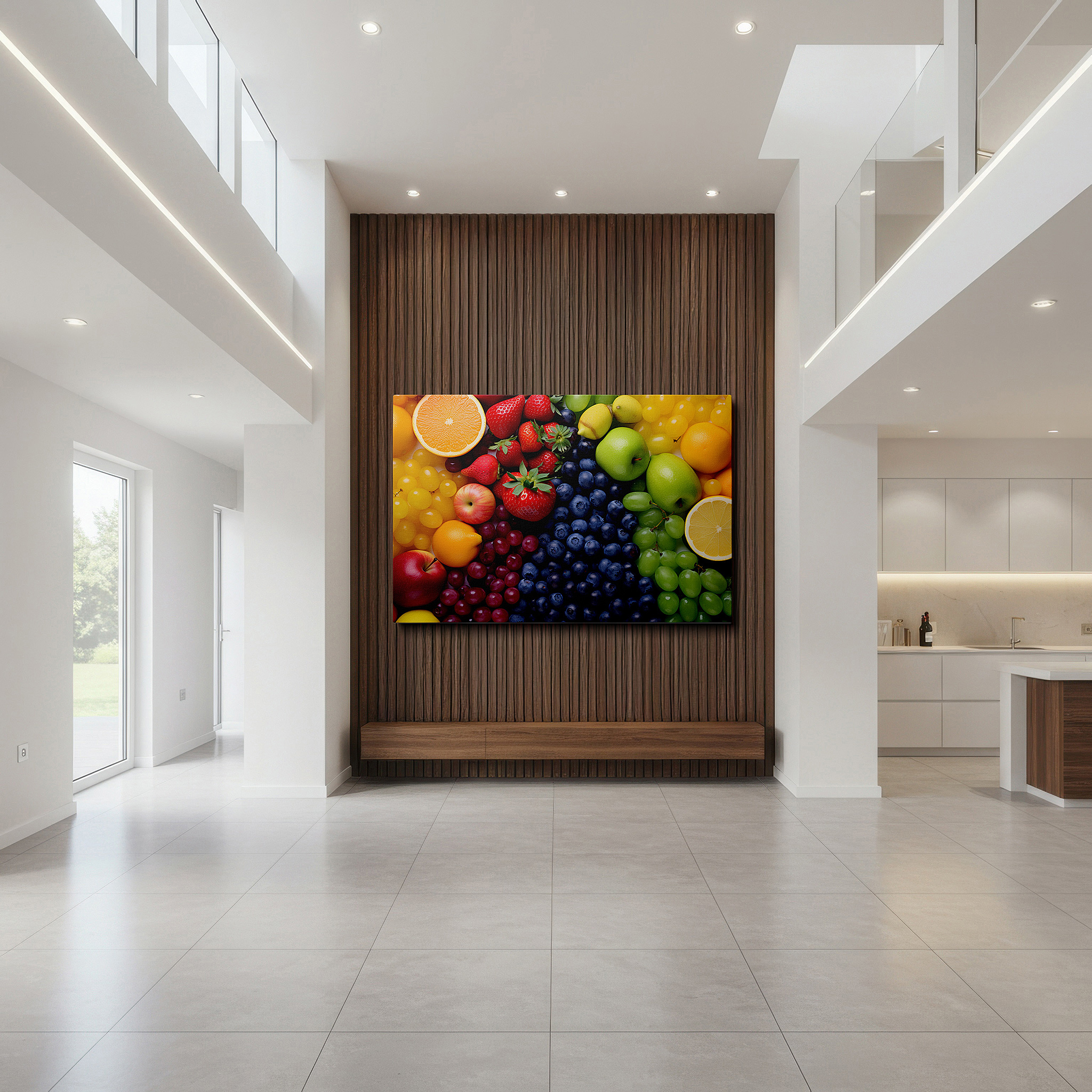The 75×50 cm version anchors medium rooms without dominating them — wall decor: a lively blend of nature's hues and fresh fruit, encouraging wellness and culinary innovation - large canvas art for home and office decor